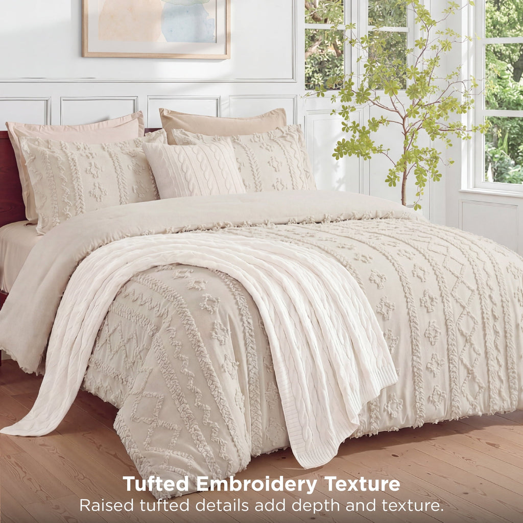 Fluffy Down Alternative Tufted Boho Comforter Set Queen, Beige, 3 Pieces Farmhouse Shabby Chic Embroidery Bedding Set, Soft Jacquard Comforte... - Cloud-Like Soft Lightweight Bed Comforter Detail