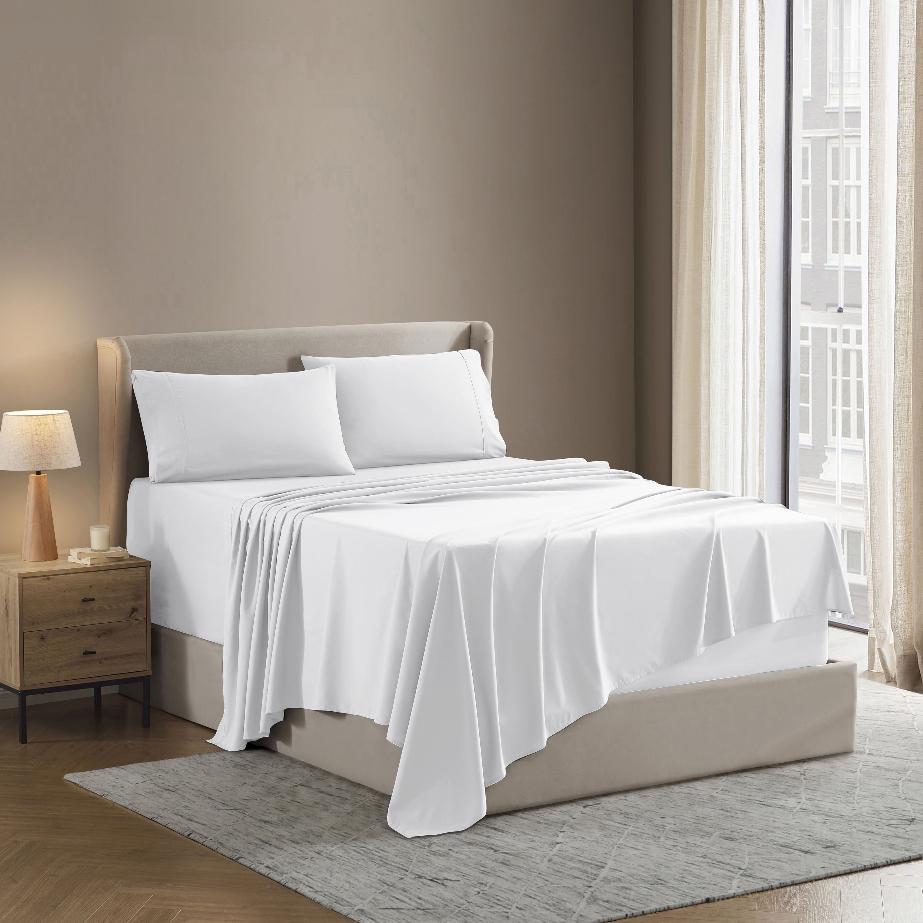 Cooling Sateen Set, Hotel Style Deep Pocket 4 Piece Bed , Luxury Soft Microfiber Sheet Sets, White - Breathable Egyptian Cotton Flat & Fitted Sheets Detail