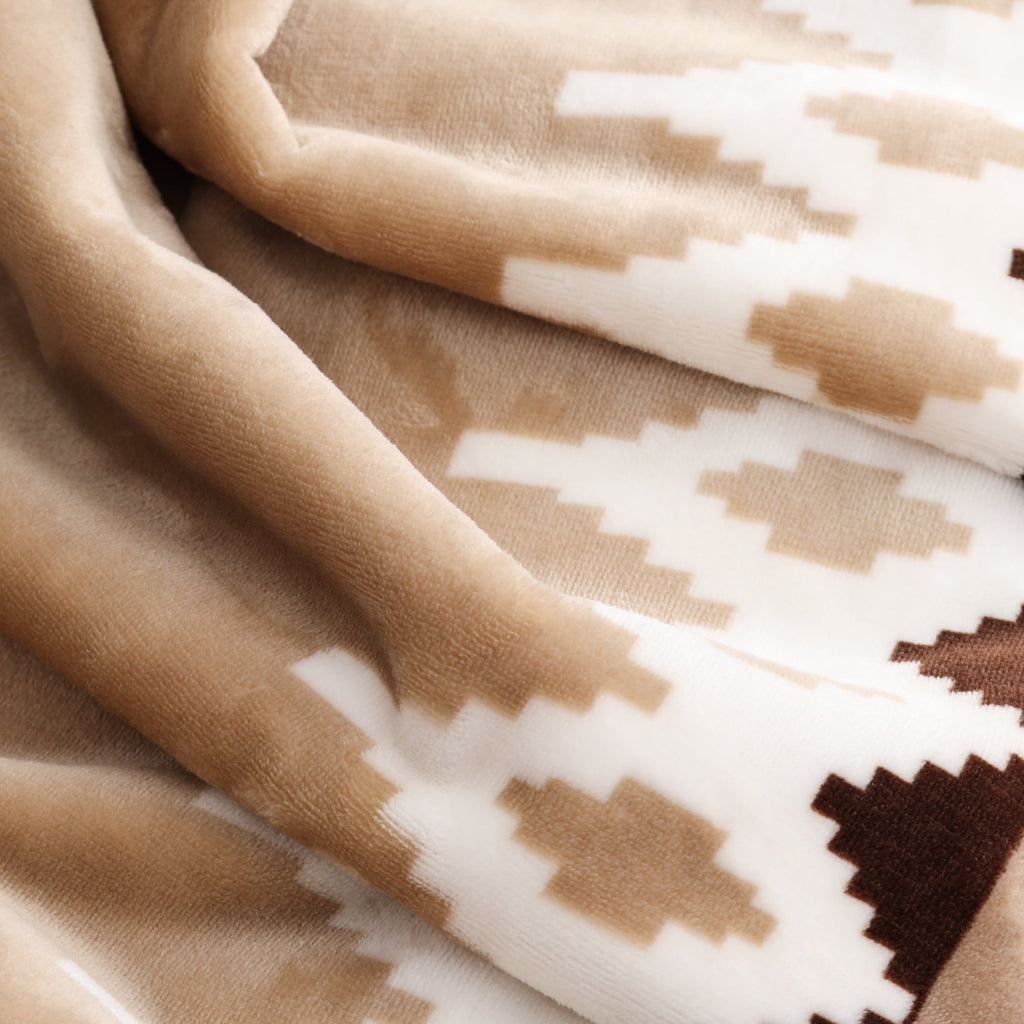 Decorative Knitted Printed Velvet Plush Reverse to Faux Fur Super Soft Throw Blanket, Oversized, Linder Border Beige - Super Soft Reversible Sherpa Flannel Blanket Detail