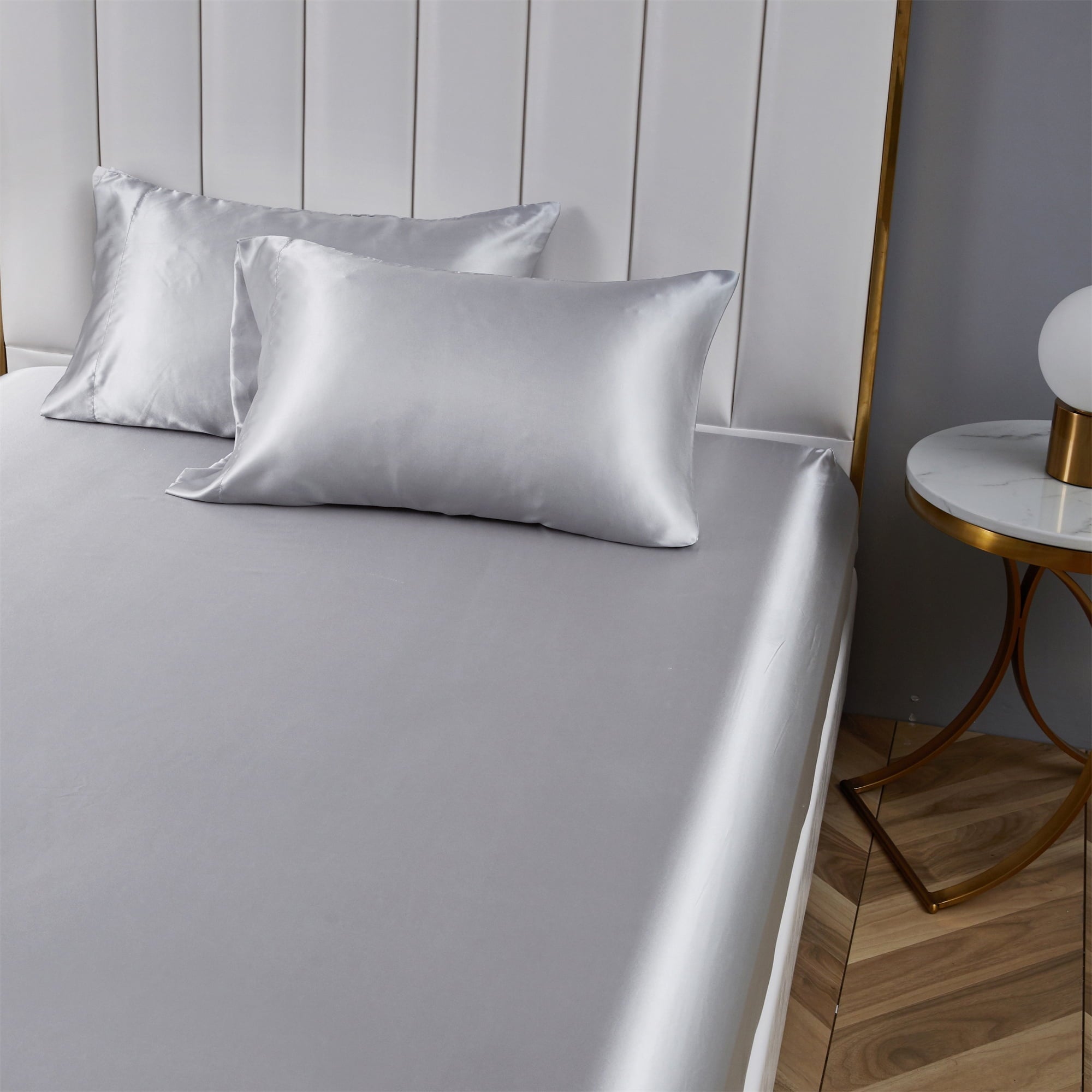 Premium Egyptian Cotton Satin Fitted Sheet King Size 14 Inch Deep Pocket Bed Sheet Silk Sheet Ultra Soft Machine Washable, Light Gray - Breathable Egyptian Cotton Flat & Fitted Sheets Detail