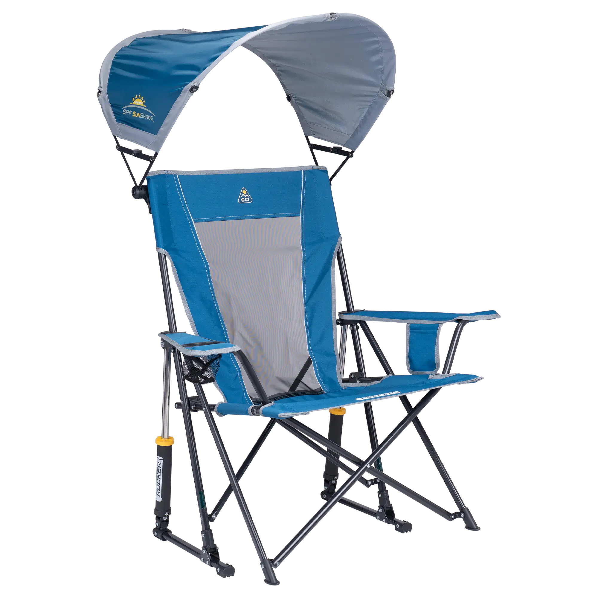 Patented Spring-Action SunShade Rocker - Choice 550 - Heavy-Duty Kickback Rocker with Beverage Holder - Neptune Blue