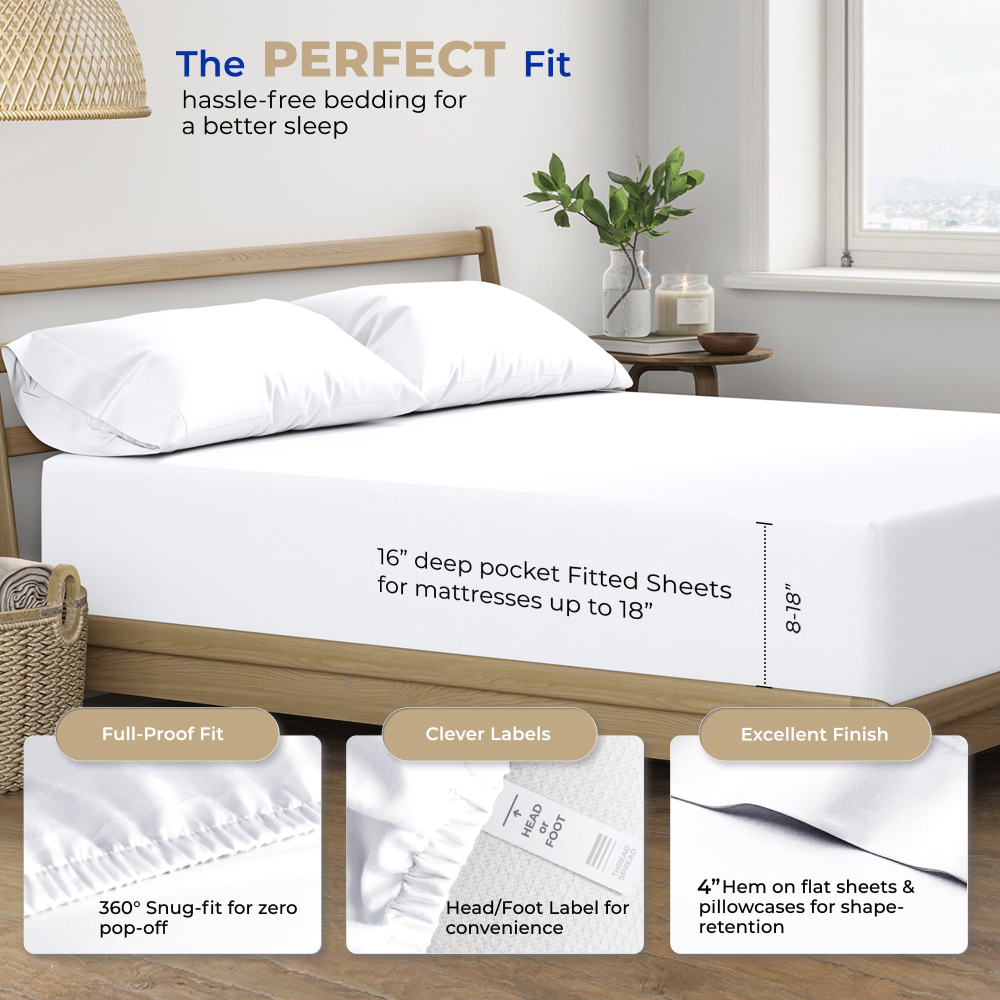 Wrinkle-Resistant King Size Cotton Sheets Set - 400 Thread Count 4 PC 100% Cotton Sheets for King Bed, 16 In Deep Pocket King Size Cott... - Luxury Bed Sheet Set with Deep Pockets Detail