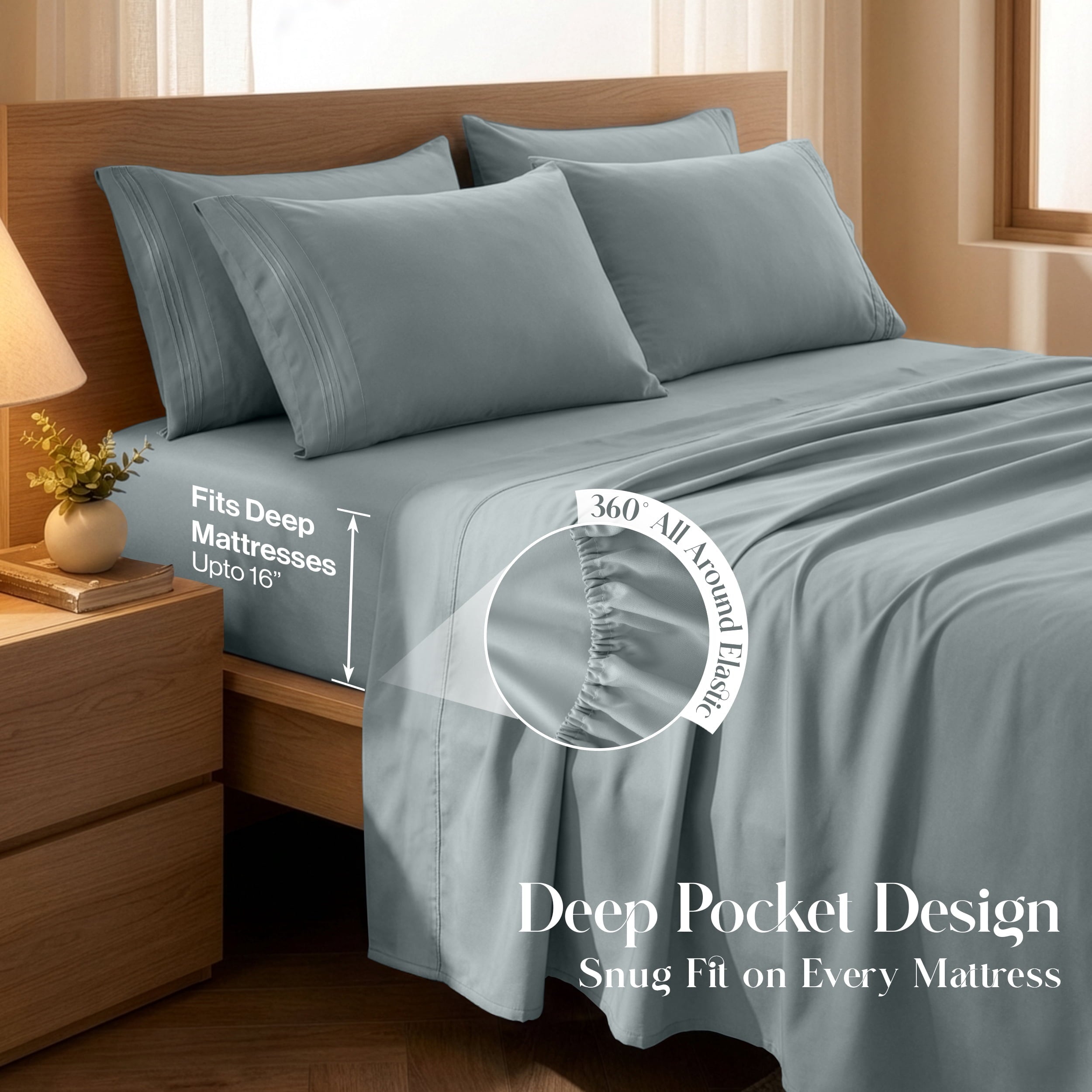 Premium Egyptian Cotton Bed Sheets - 6 Piece Ultra-Soft Microfiber Sheets Set, Deep Pocket Fitted Sheet, Flat Sheet & 4 Pillowcases, Breathab... - Cooling Hotel Quality Bedding Sheets and Pillowcases Detail