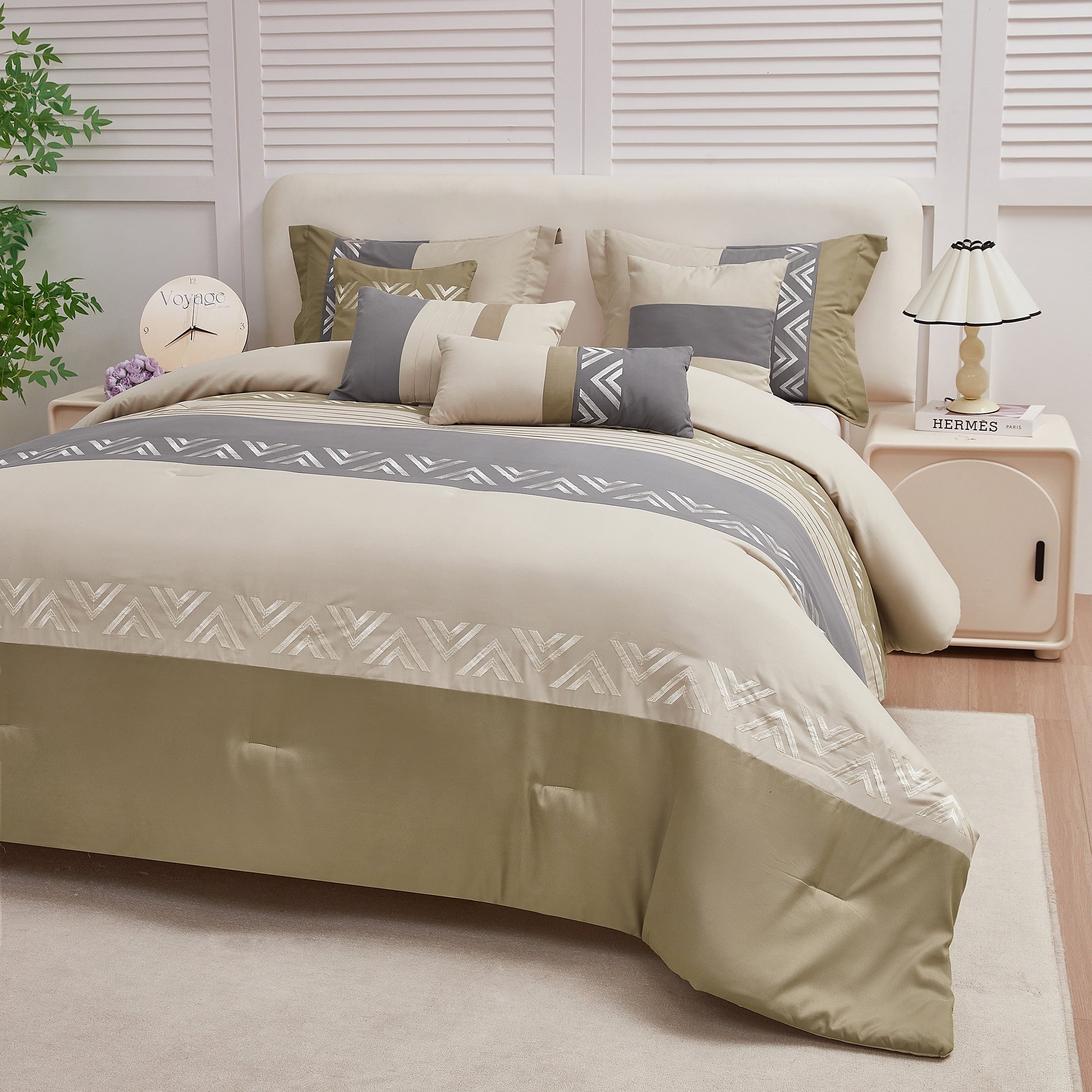 Fluffy Down Alternative 7 Piece Embroidery Design Bed-in-a-Bag, Taupe Queen Size Ultra Soft Comforter Set for Adults - Hypoallergenic Ultra-Fluffy Quilt for Winter Detail