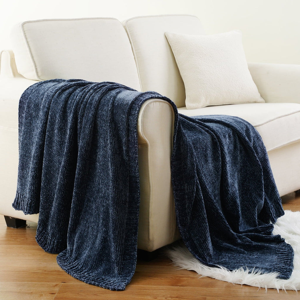 Reversible Sherpa Navy Blue Chenille Throw for Couch Bed,Soft Navy Knit Blanket, Housewarming Gifts, 51"x 67" - Luxury Knitted Decorative Throw Blanket with Fringes Detail