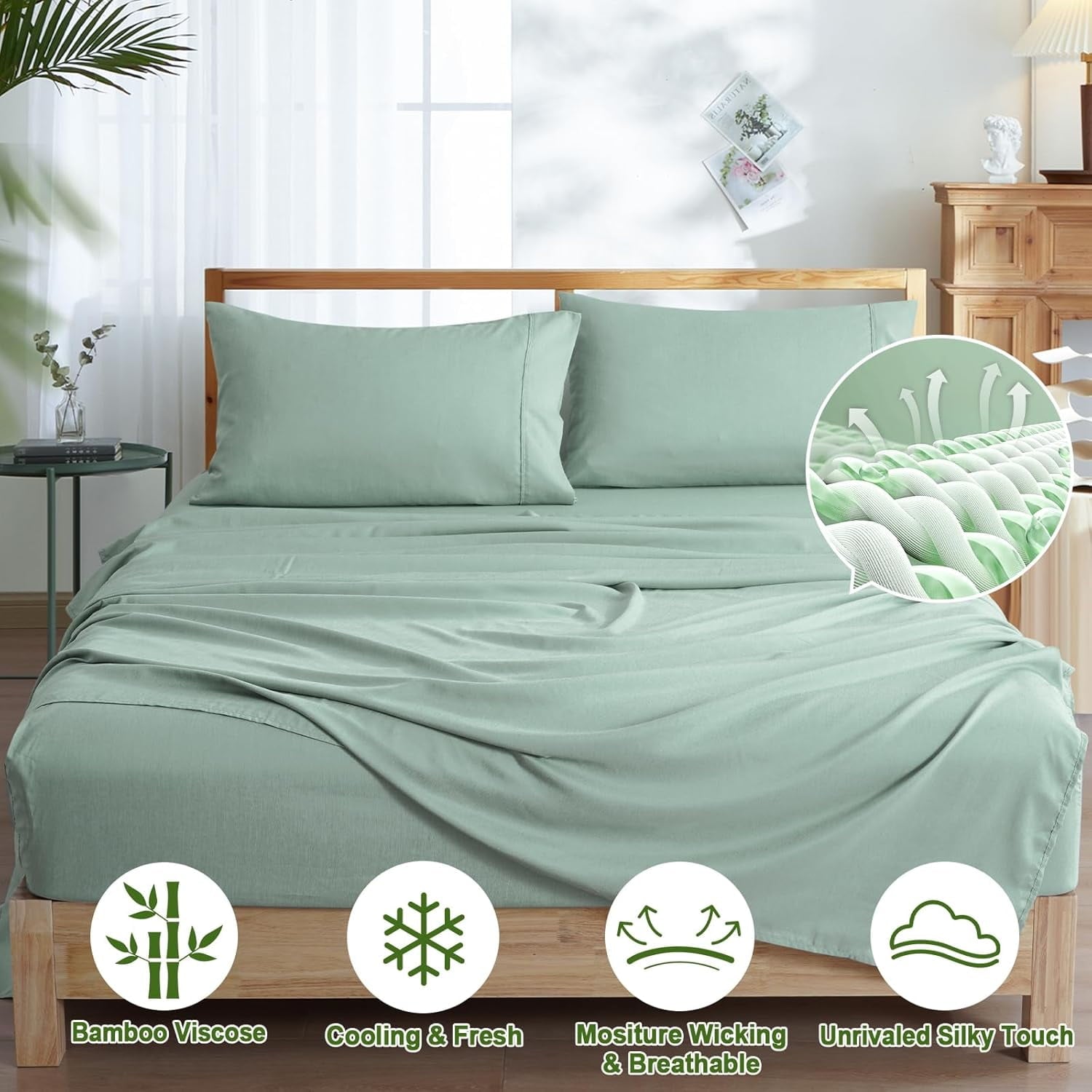 Wrinkle-Resistant Bamboo Bed Sheet Sets, 4 Pieces King Silky Soft Bedding Sheets, 1800 Thread Count 16 Inch Deep Pockets, Sage Green - Premium Ultra-Soft Pillowcase Pair for Sleeping Detail