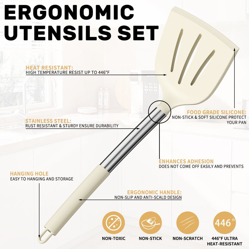 Heat-Resistant Silicone Cooking Utensil Set, 30 Pcs Kitchen Utensils Set with Stainless Steel Handle, Food Grade Silicone Spatula Se... - Ergonomic Kitchen Tongs and Cooking Spoon Utensil Detail