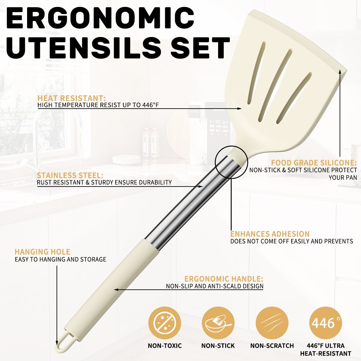 Heat-Resistant Silicone Cooking Utensil Set, 30 Pcs Kitchen Utensils Set with Stainless Steel Handle, Food Grade Silicone Spatula Se... - Ergonomic Kitchen Tongs and Cooking Spoon Utensil Detail