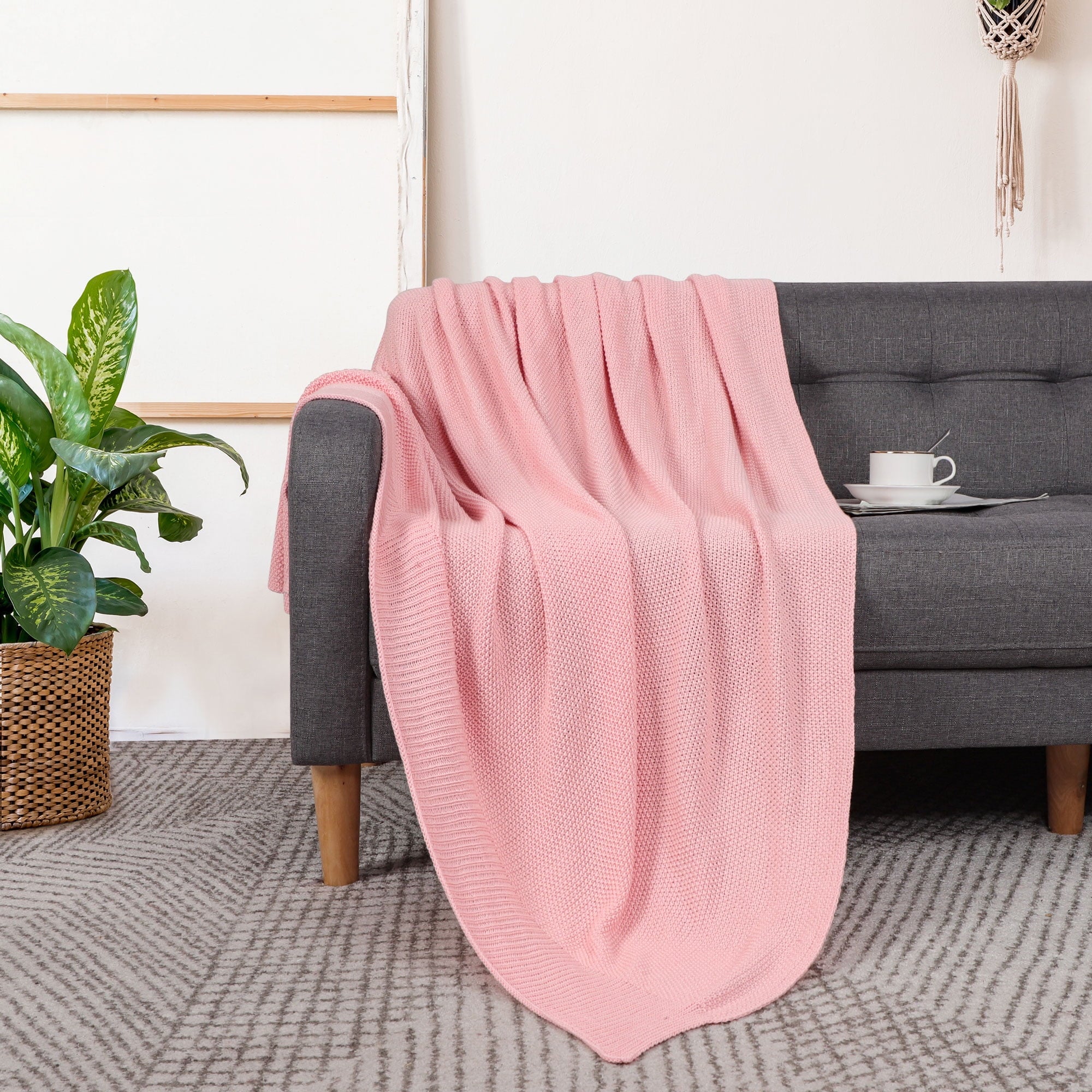 Super Soft Flannel Pure Cotton Soft Cable Knit Throw Blanket Pink 50" x 70" - Luxury Knitted Decorative Throw Blanket with Fringes Detail