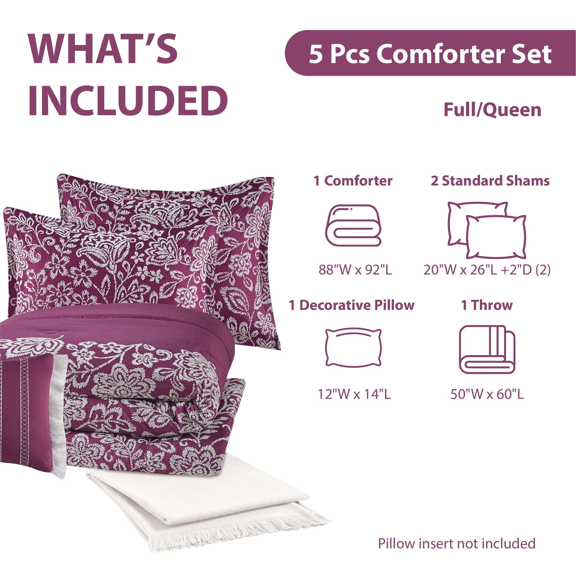 Hypoallergenic Cloud 5-Piece Jacquard Comforter Set with Decor Pillow and Throw Purple Flocking Embroidery Bedding Set, Full/Queen - Cloud-Like Soft Lightweight Bed Comforter Detail