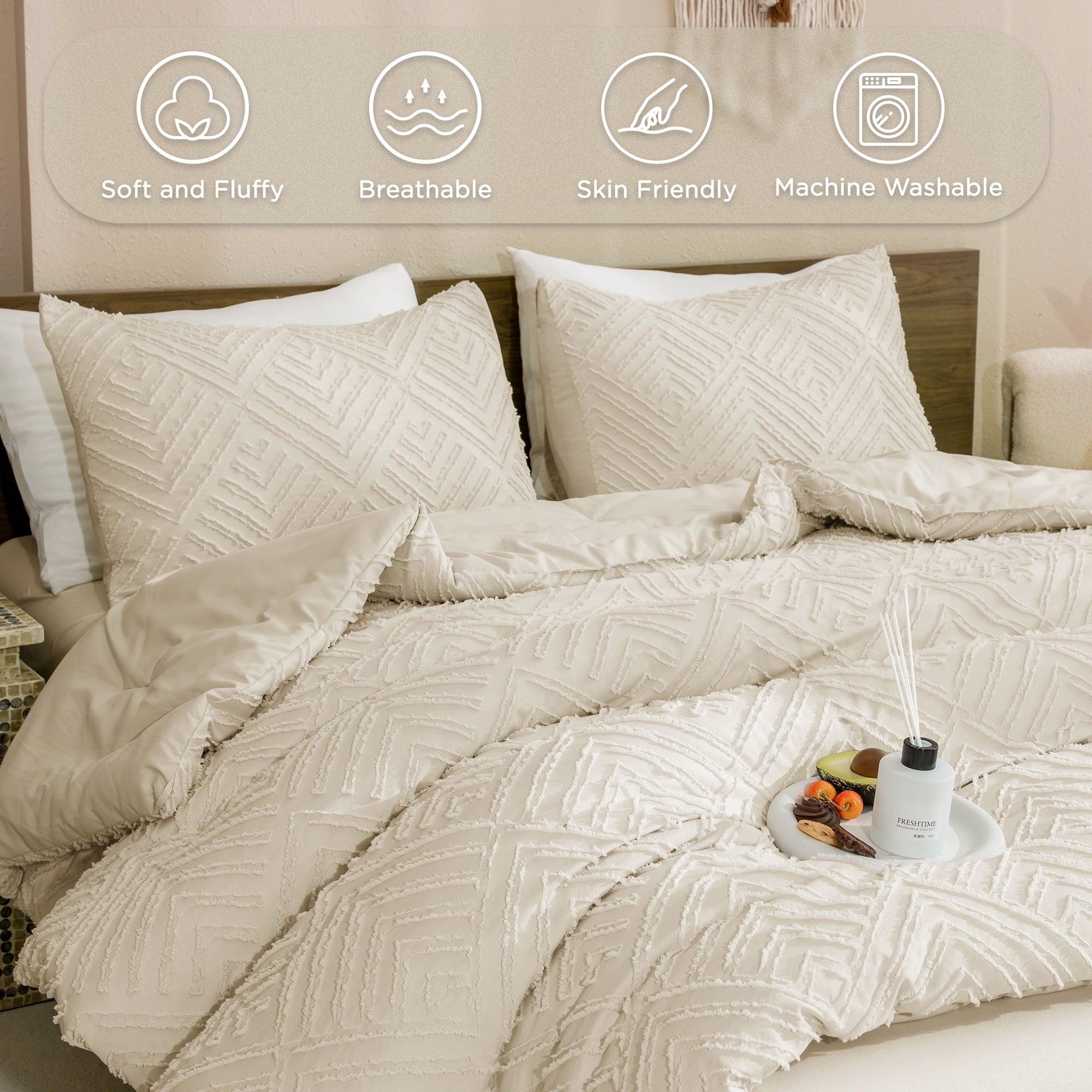 Fluffy Down Alternative King Size Comforter Sets Beige - 3 Pieces Cream Boho Bedding Comforter Set for King Bed - Soft Fluffy Tufted Textured... - Hypoallergenic Ultra-Fluffy Quilt for Winter Detail