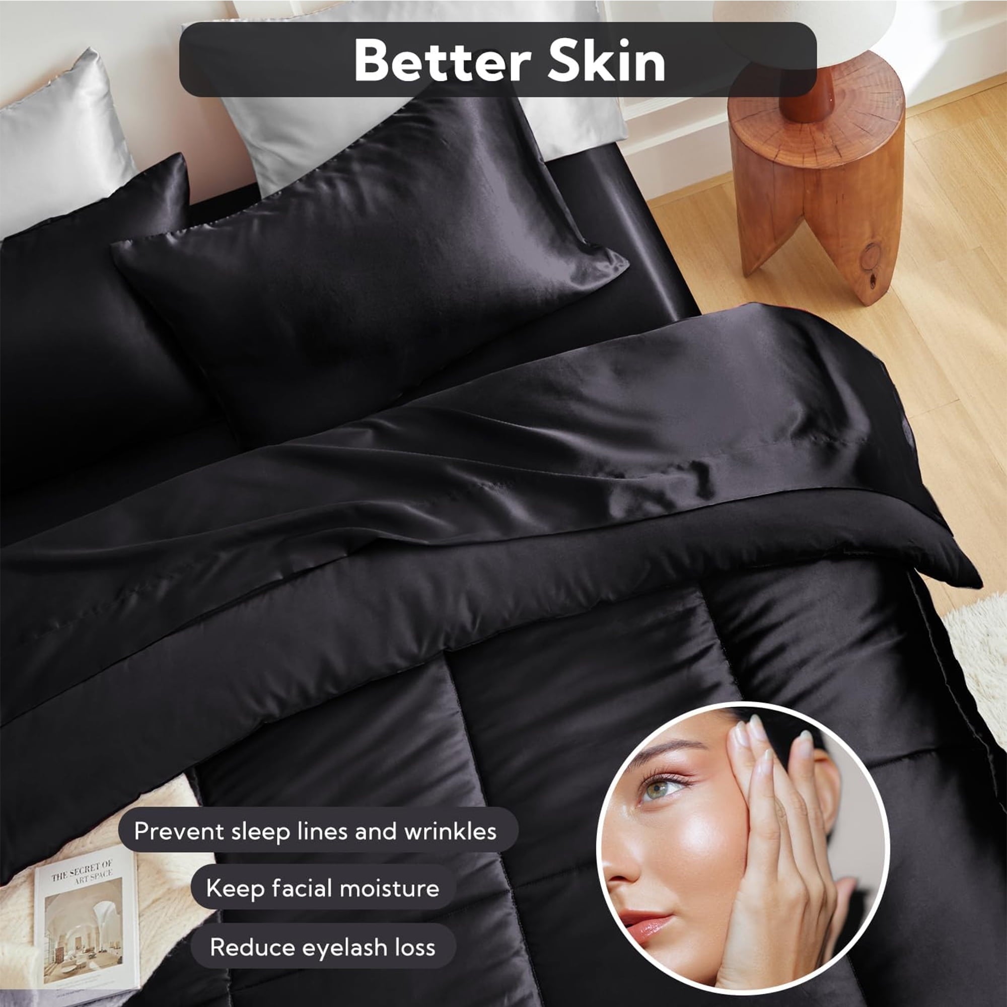 Fluffy Down Alternative Reversible Satin Microfiber Comforter 3 Pieces Queen Size, Black Queen Comforter Set for All Seasons, Silky Soft Sati... - Cloud-Like Soft Lightweight Bed Comforter Detail