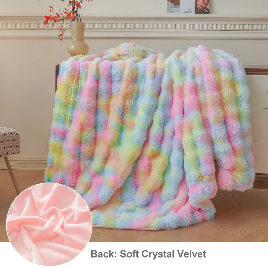 Super Soft Flannel Fluffy Faux Rabbit Fur Bubble Throw, Rainbow Plush Shaggy Blanket for Couch Sofa Chair, Soft Tie Dye Furry Blanket Ad... - Lightweight Plush Warm Blanket for All Seasons Detail