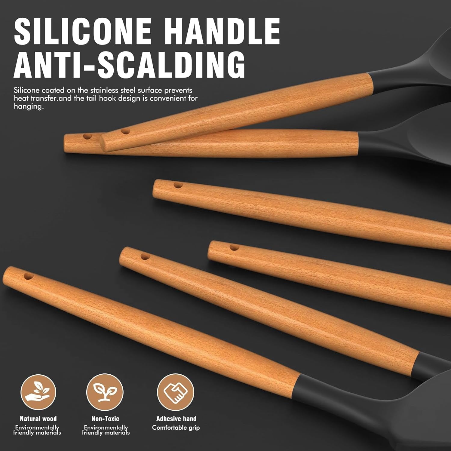 Durable Steel Silicone Cooking Utensils Set - Silicone Kitchen Utensils for Cooking Wooden Handles, 446°F Heat Resistant Kitchen Ut... - Multi-Purpose Hand Tool for Daily Meal Prep Detail