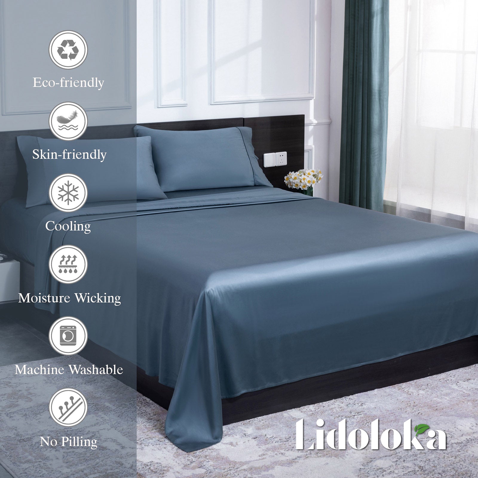 Cooling Sateen Luxury Bamboo Bed Sheets Set Full 4 Pcs for Adult,Soft&Cool,16" Deep Pocket,Blue Gray - Premium Ultra-Soft Pillowcase Pair for Sleeping Detail