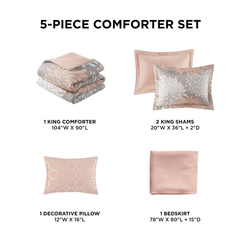 Fluffy Down Alternative King Size Comforter Set, 5-Piece Floral Bedding Set for All Season, Blush Comforter Set King with Bed Skirt - Cloud-Like Soft Lightweight Bed Comforter Detail