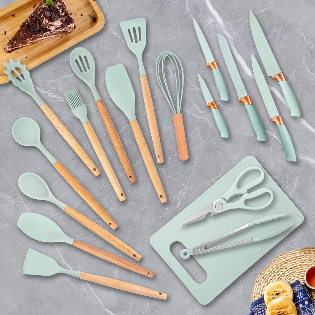 Ergonomic Cooking 19pcs Silicone Kitchen Utensil Set, Heat-Resistant Non-Stick Easy Cooking Cleaning Home Light-Green - Premium Stainless Steel Cooking Utensil for Non-Stick Pots Detail