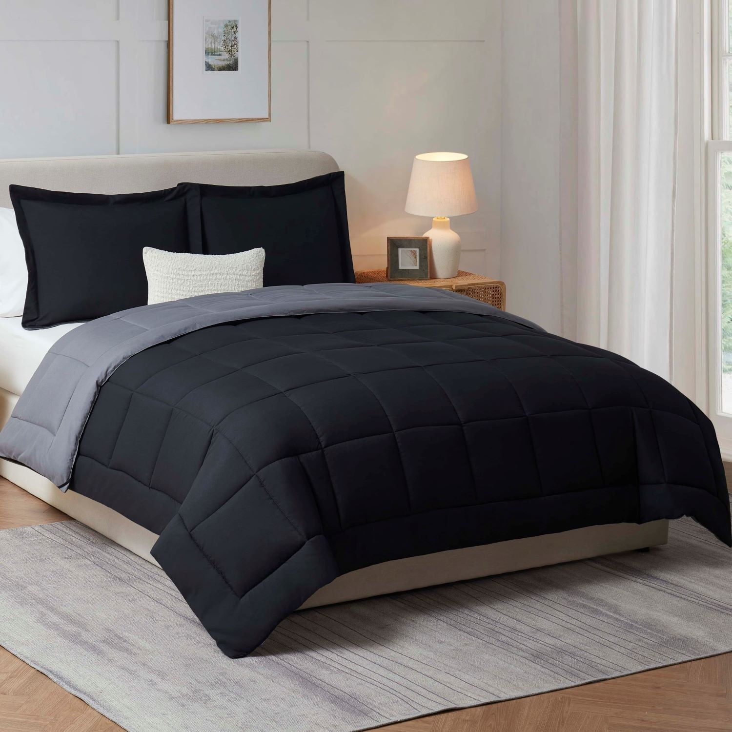Heavyweight Warmth Queen Comforter Set, 3 Piece Bed in a Bag, Reversible Down Alternative Bedding Set, Black & Gray - Luxurious Quilted Duvet Cover Set Detail