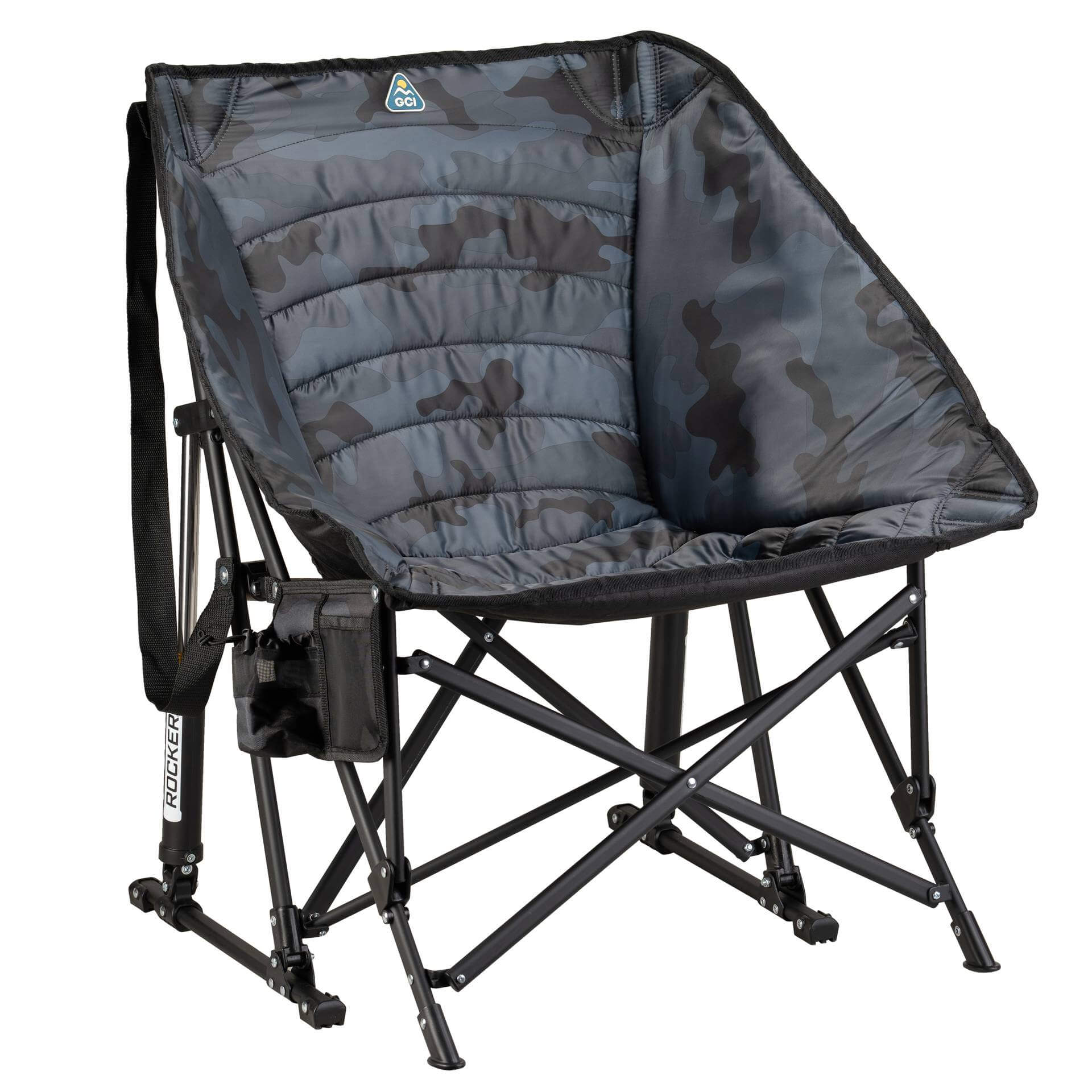 Luxury Camp Puff Rocker - Choice 731 - Heavy-Duty Kickback Rocker with Beverage Holder - Stealth Camo