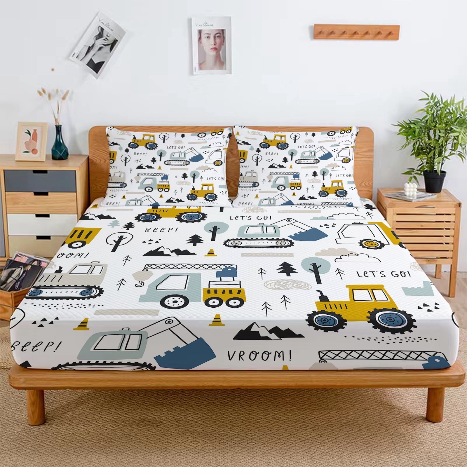 Cooling Sateen Cartoon Excavator Sheet Set for Kids Boys Truck Construction Bedding Set Engineering Vehicle Bed Sheet Sets with 1 Fi... - Luxury Bed Sheet Set with Deep Pockets Detail