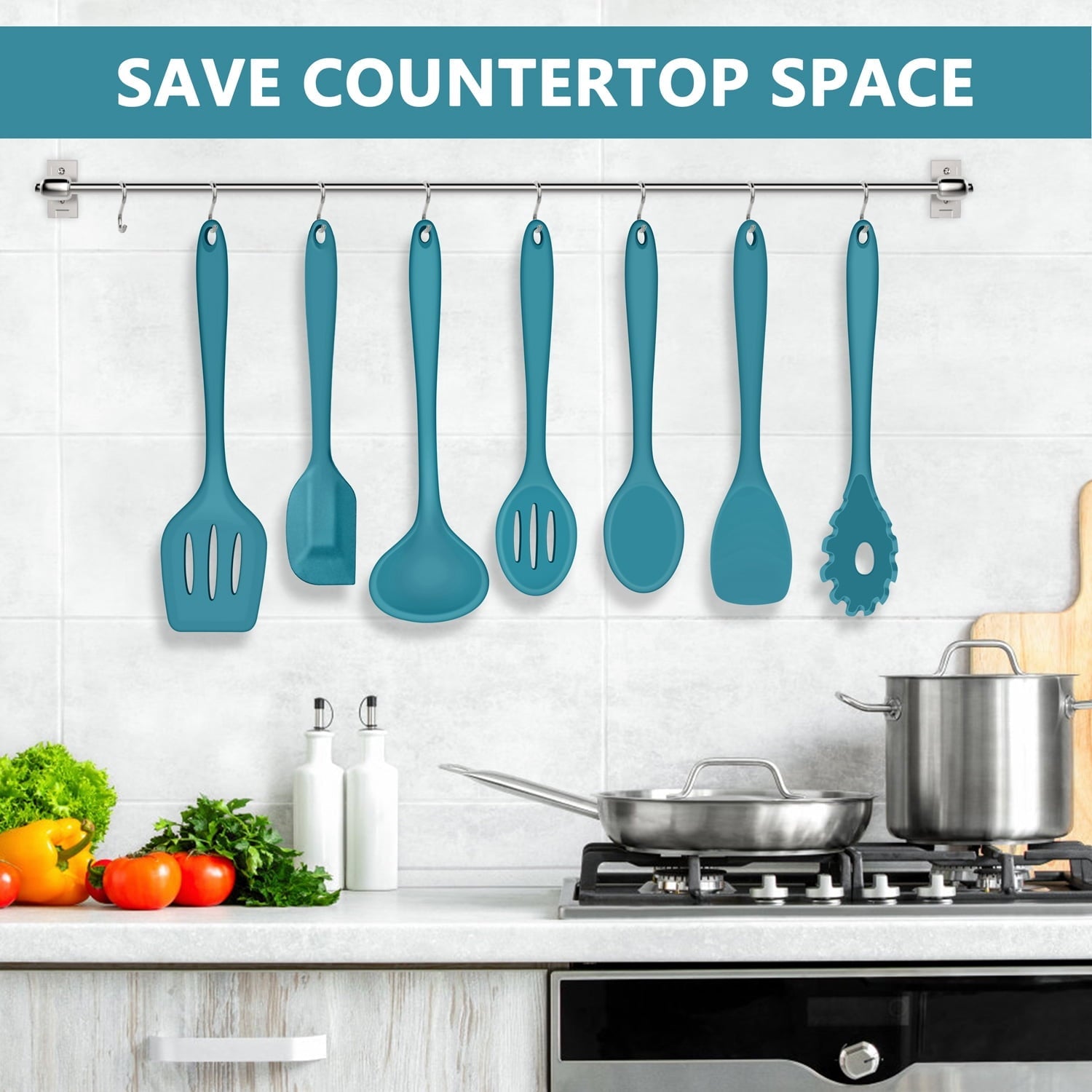 Durable Steel 7-Piece Silicone Cooking Utensils Set, Blue Kitchen Utensils, Non-stick Gadgets Tools Include Slotted Turner, Soup La... - Multi-Purpose Hand Tool for Daily Meal Prep Detail