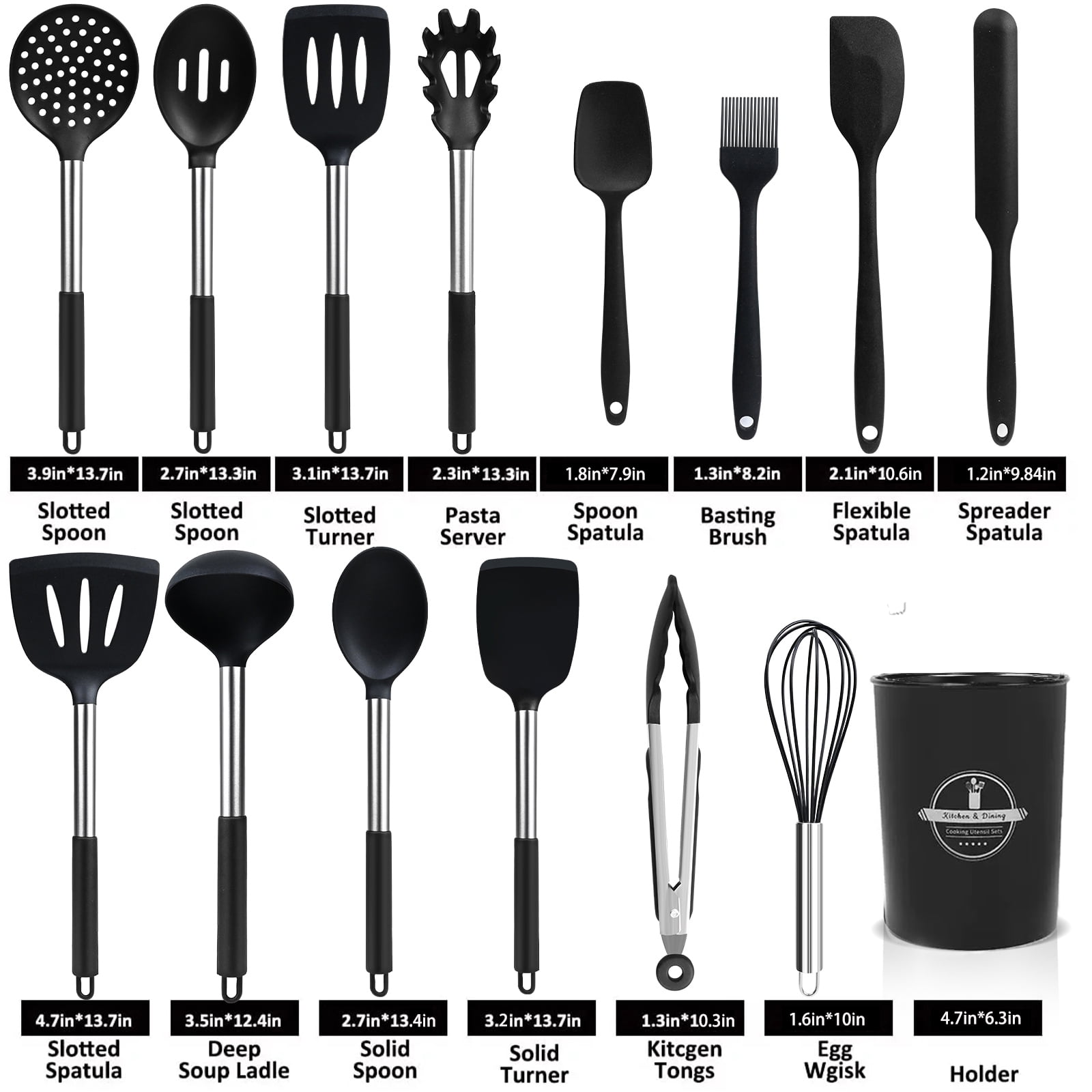 Ergonomic Cooking Silicone Cooking Utensils Set, 26 Pcs, Heat Resistant Kitchen Utensils Set, Black - Ergonomic Kitchen Tongs and Cooking Spoon Utensil Detail
