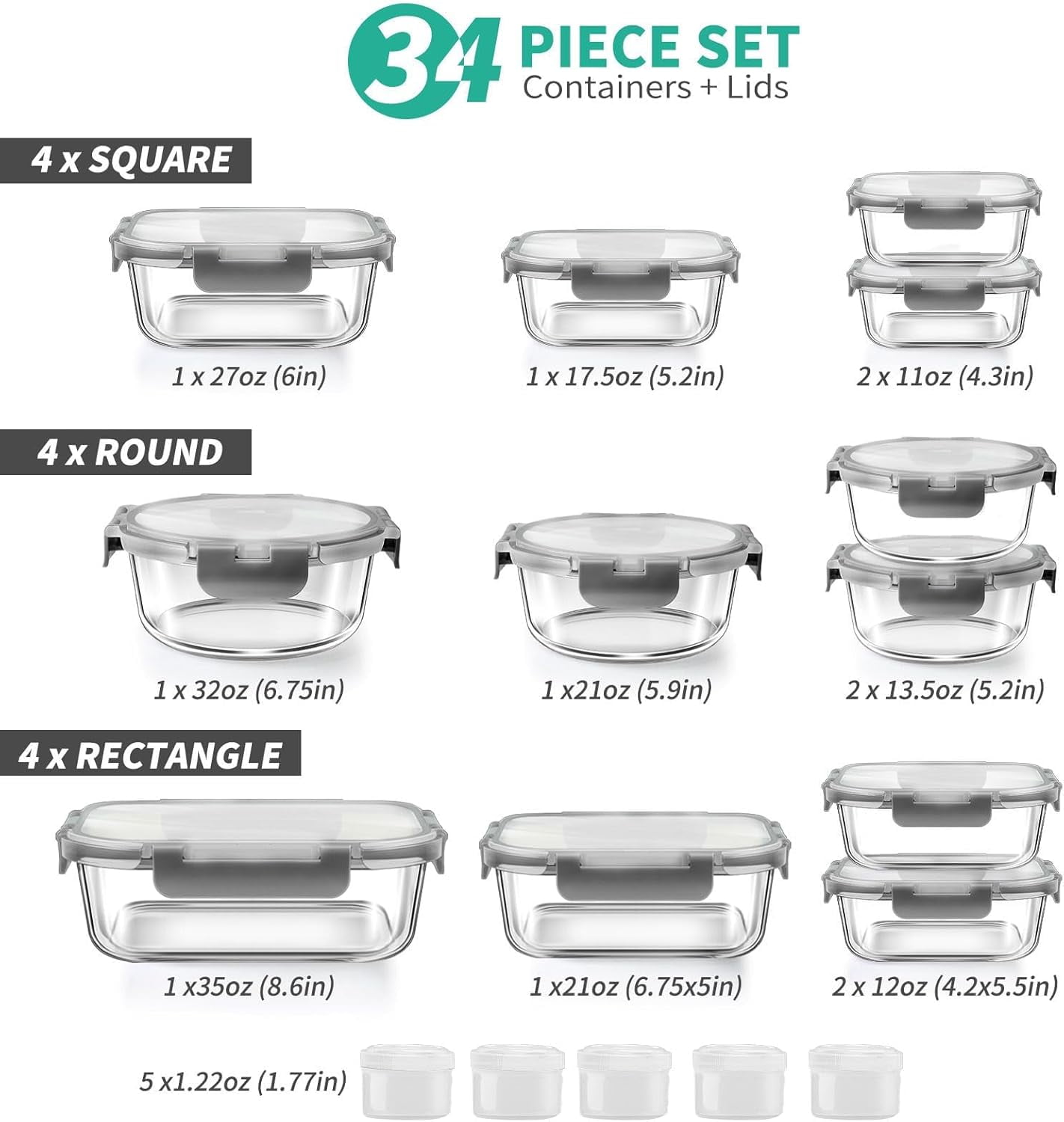 Playful Geometric 34pcs Glass Food Storage Containers with Lids Set, Airtight Meal Prep Containers (17 Containers & 17 Lids), Grey - Playful Star & Heart Shaped Geometric NeeDoh Detail