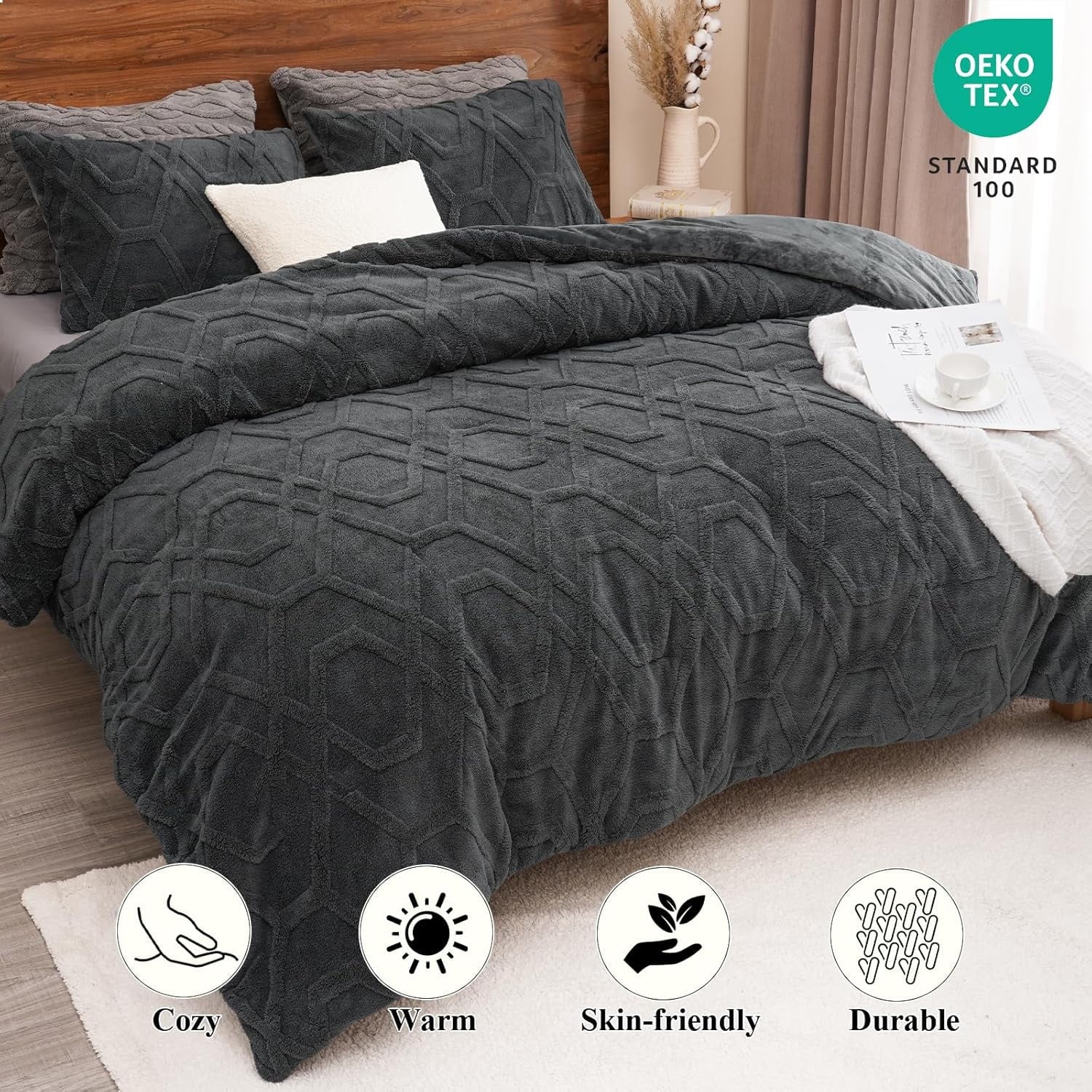 Luxurious Quilted Warm Sherpa Fleece Queen Comforter Set, 3D Tufted Fluffy Dark Grey Bedding for Winter, Soft 3 Pieces Shaggy Bed Set, ... - Hypoallergenic Ultra-Fluffy Quilt for Winter Detail