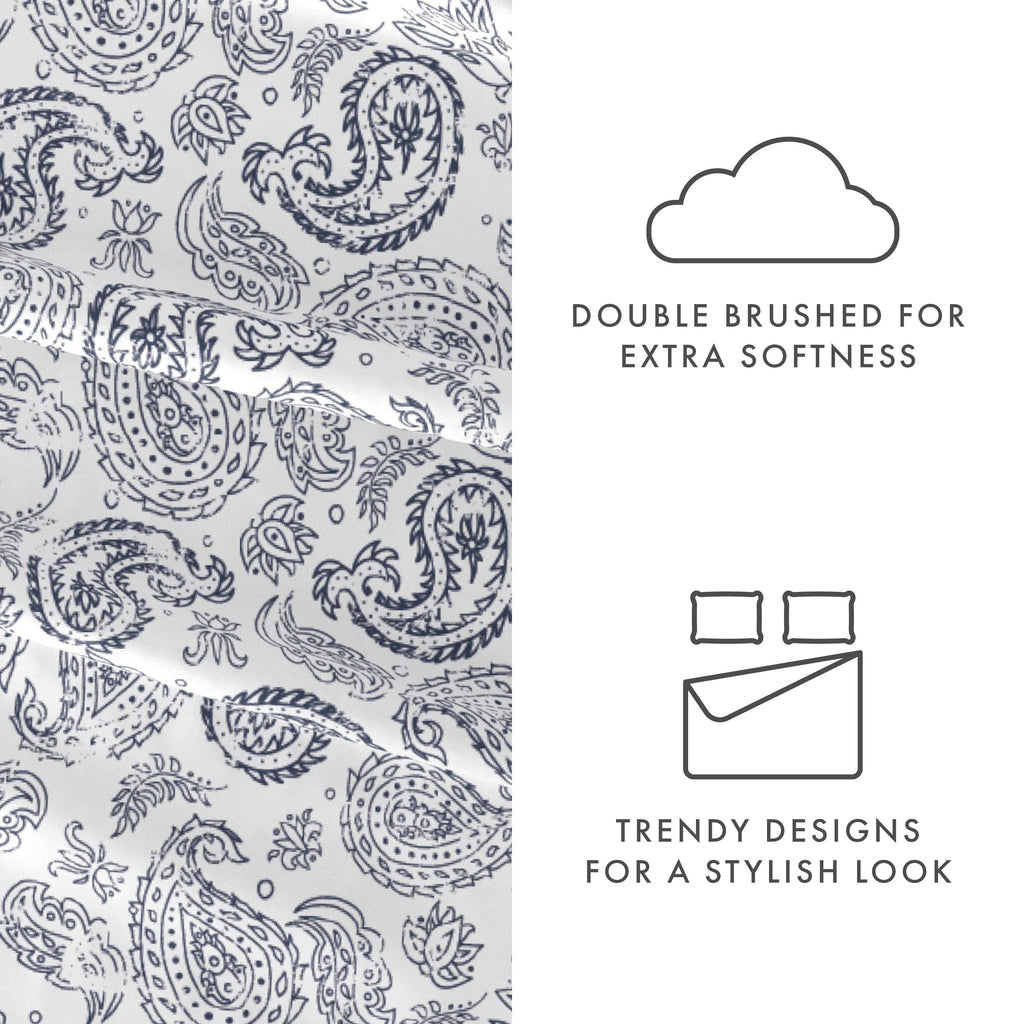 Cooling Sateen 4 Piece Pattern Microfiber Bed Sheets Set, Navy Coarse Paisley, Full - Premium Ultra-Soft Pillowcase Pair for Sleeping Detail