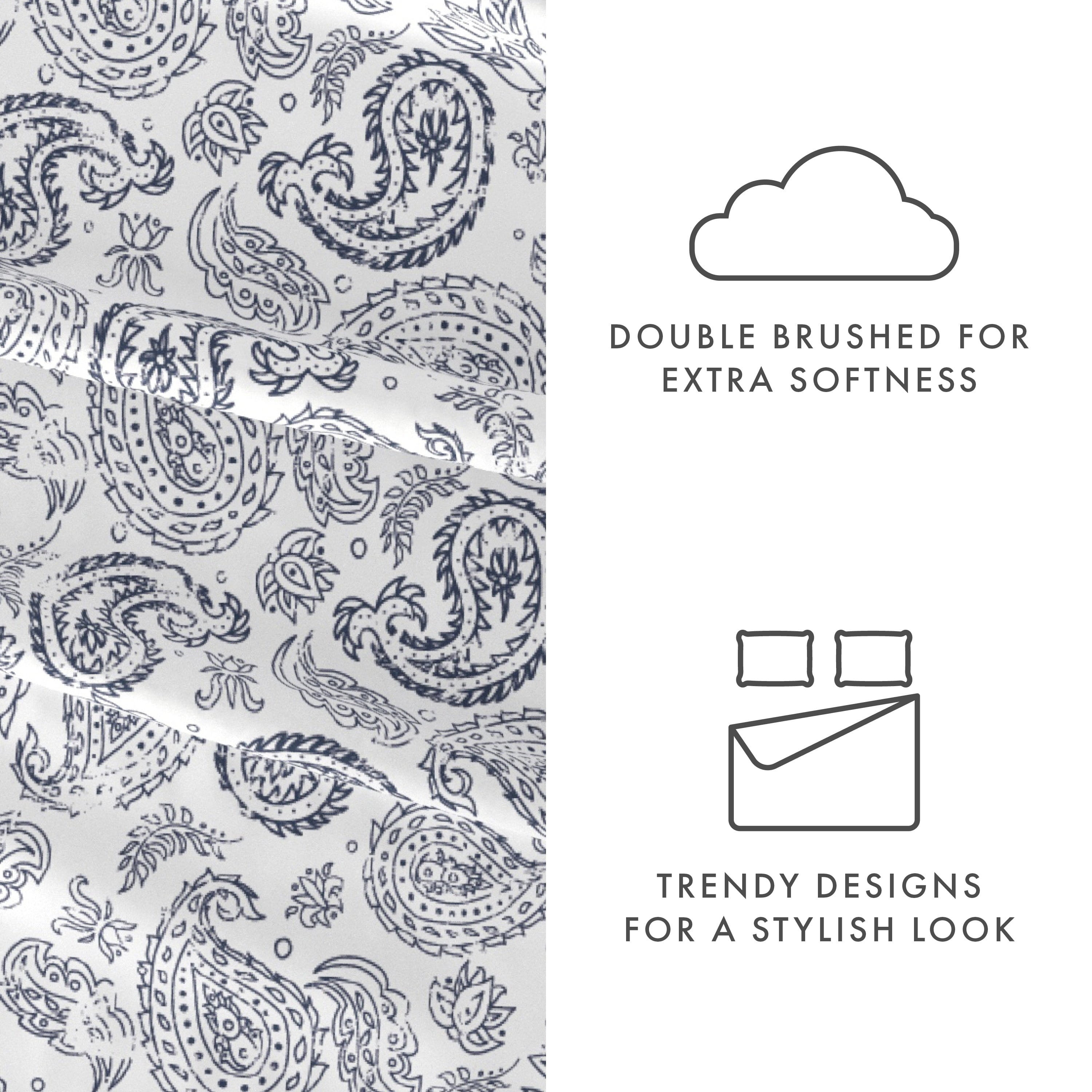 Cooling Sateen 4 Piece Pattern Microfiber Bed Sheets Set, Navy Coarse Paisley, Full - Premium Ultra-Soft Pillowcase Pair for Sleeping Detail