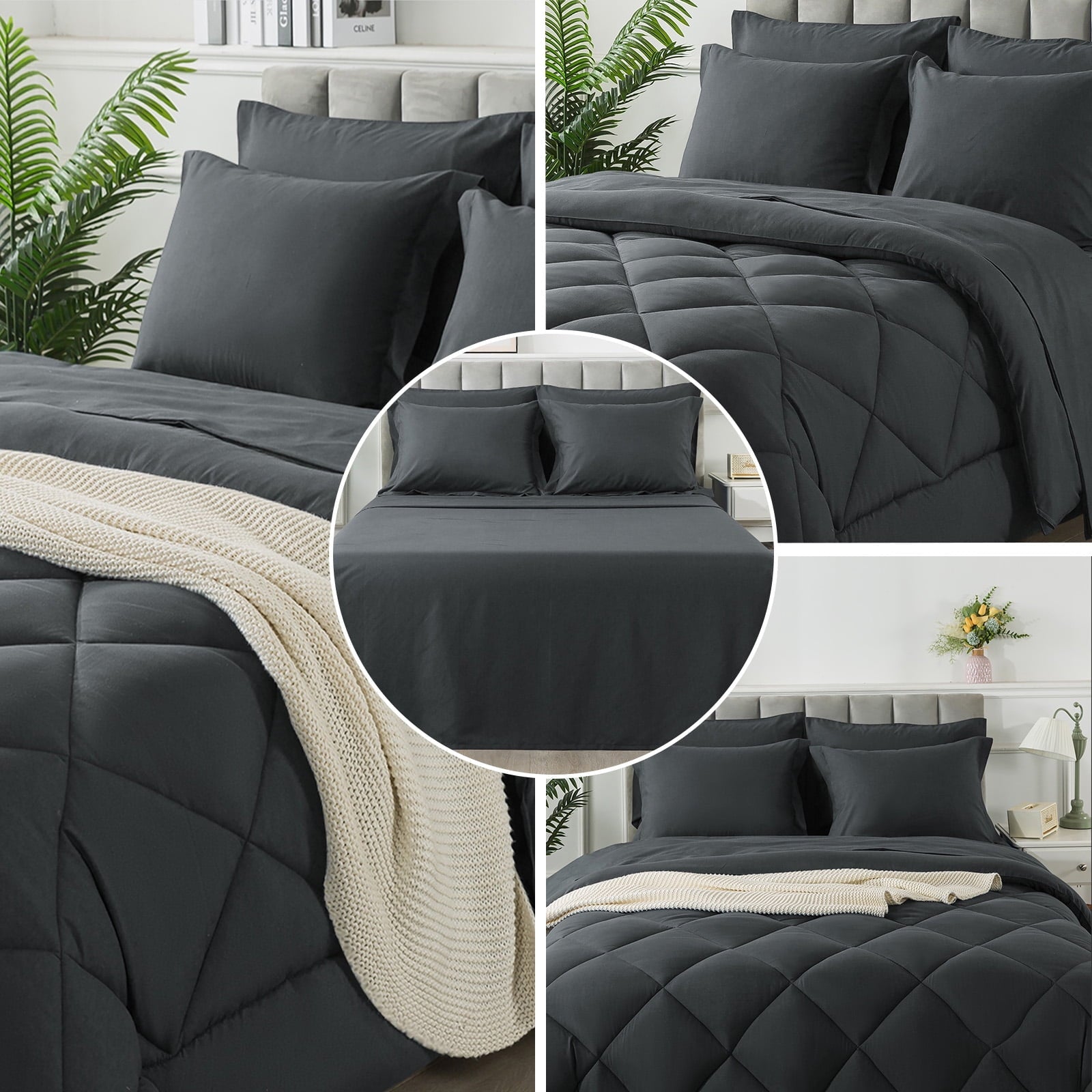Luxurious Quilted Queen Bed in a Bag Comforter Set with 7 Pieces - Dark Gray All Season Bedding Sets with Comforter, Pillow Shams, Flat... - All-Season Down Alternative Comforter Insert Detail