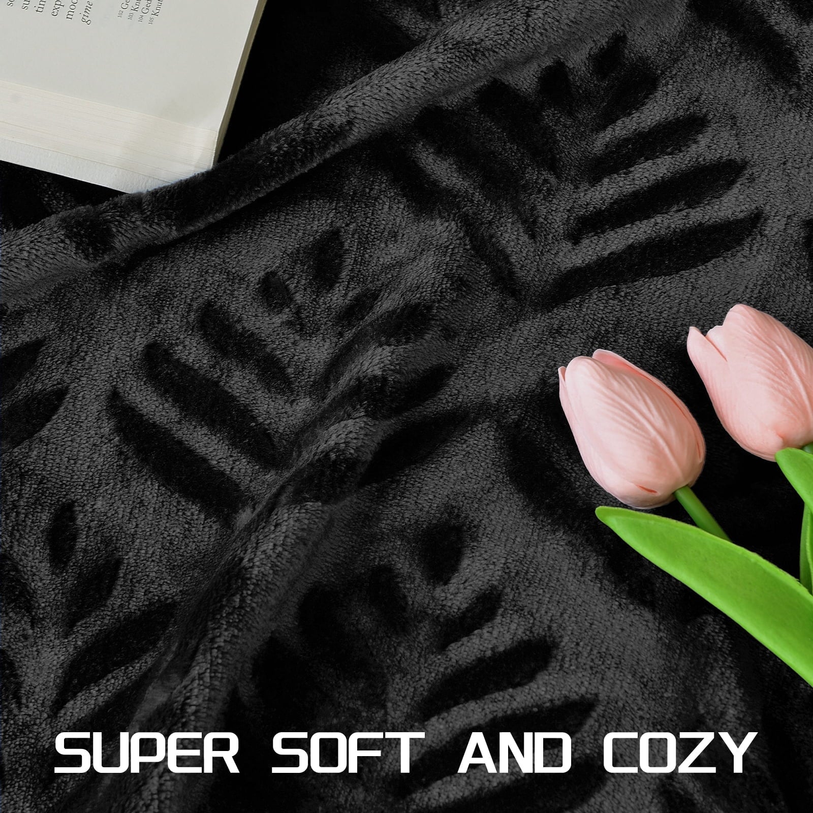 Lightweight Warm Fleece Throw Blanket for Couch, Leaves Pattern Super Soft and Cozy Blankets, Plush Fuzzy Lightweight, Black, 50"x60" - Cozy Fleece Throw Blanket for Couch & Bed Detail