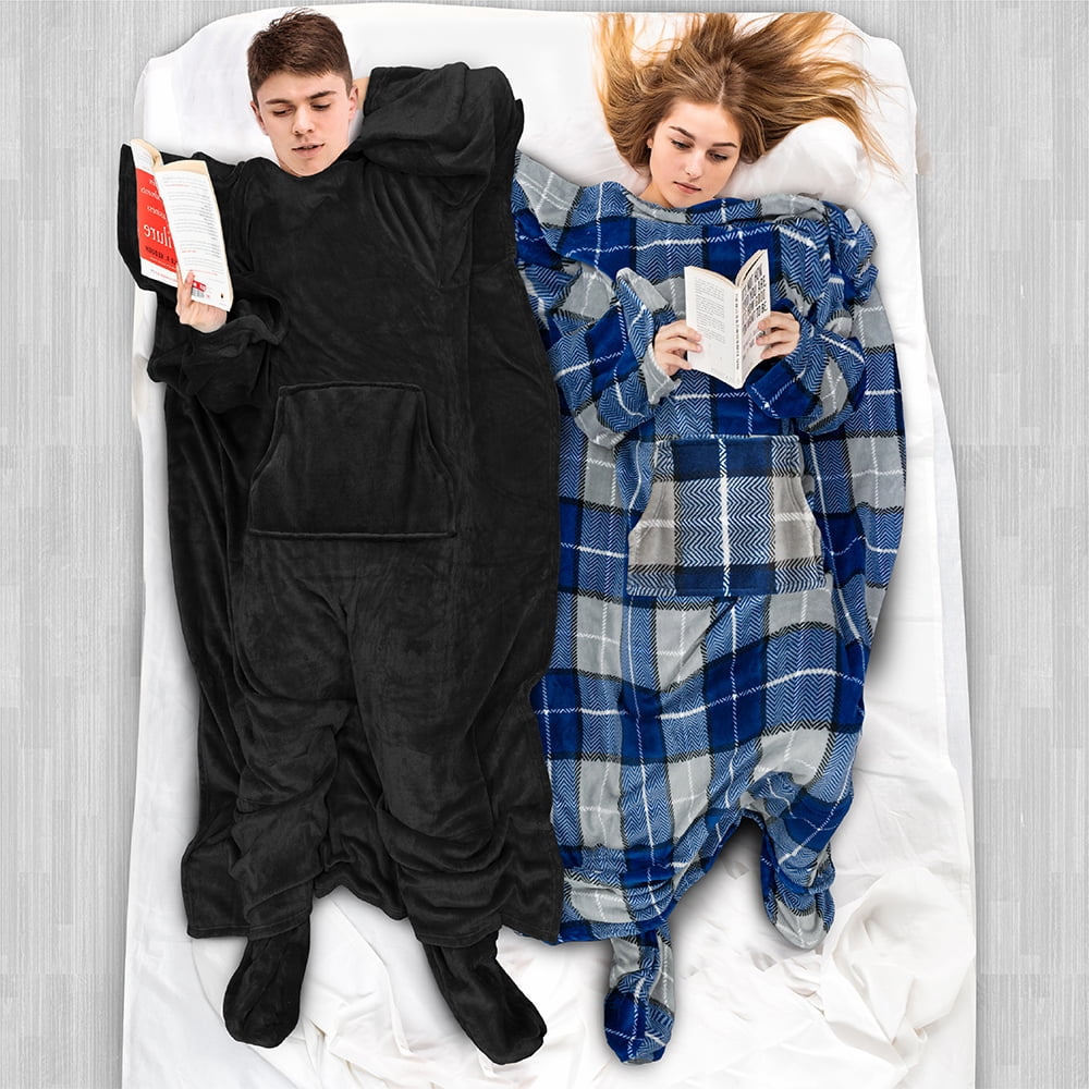 Super Soft Flannel Fleece Blanket with Sleeves, Foot Pockets for Women Men Adults, Plush Wearable Blanket Throw Wrap, Warm Snuggle Blank... - Luxury Knitted Decorative Throw Blanket with Fringes Detail