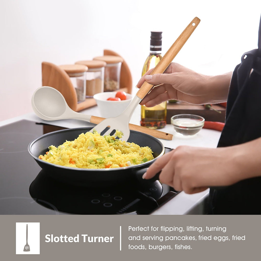 Durable Steel Kitchen Utensils Set of 6, Silicone Cooking Utensils with Wooden Handle, Non-Stick Cookware & Heat Resistant, Include... - Multi-Purpose Hand Tool for Daily Meal Prep Detail