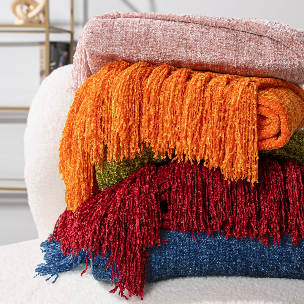 Lightweight Warm Mustard Yellow Chenille Throw Blanket for Couch, Soft Gold Knit Blanket with Tassel Fringe, Woven Chenille Knitted De... - Luxury Knitted Decorative Throw Blanket with Fringes Detail