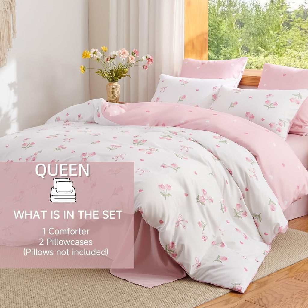 Fluffy Down Alternative Pink Tulip Queen Comforter Set, 3-Piece Pink Flowers Reversible Soft Bedding Set or Adults All Season - All-Season Down Alternative Comforter Insert Detail