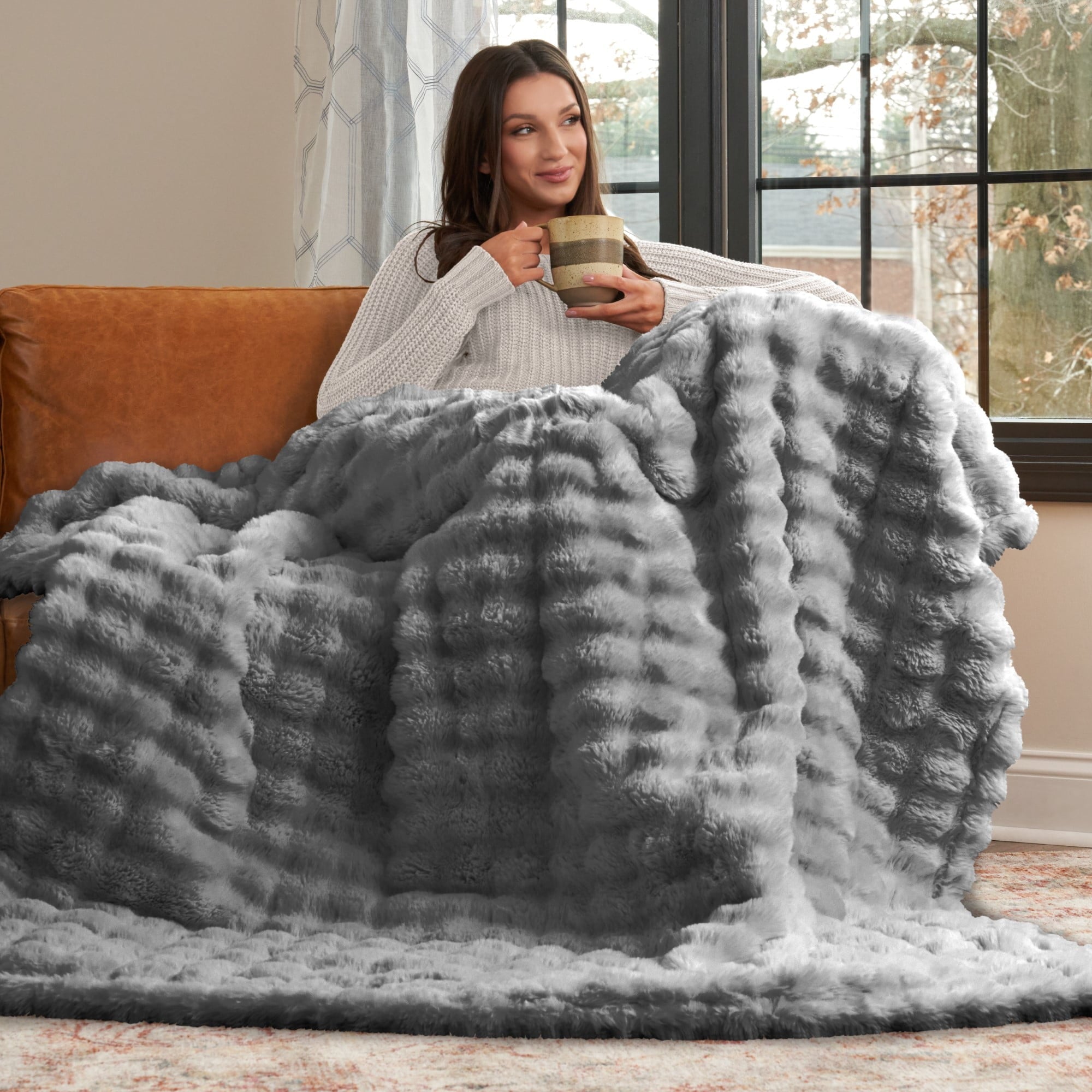 Cozy Fleece Serenade Gray Textured Faux Fur Throw Blanket, 50 x 70 - Cozy Fleece Throw Blanket for Couch & Bed Detail