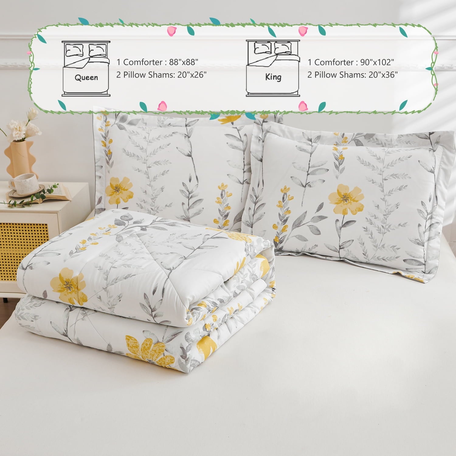 Hypoallergenic Cloud 3 Piece Comforter Set Queen Yellow Floral Quilt Microfiber Patchwork Bedspread - Luxurious Quilted Duvet Cover Set Detail