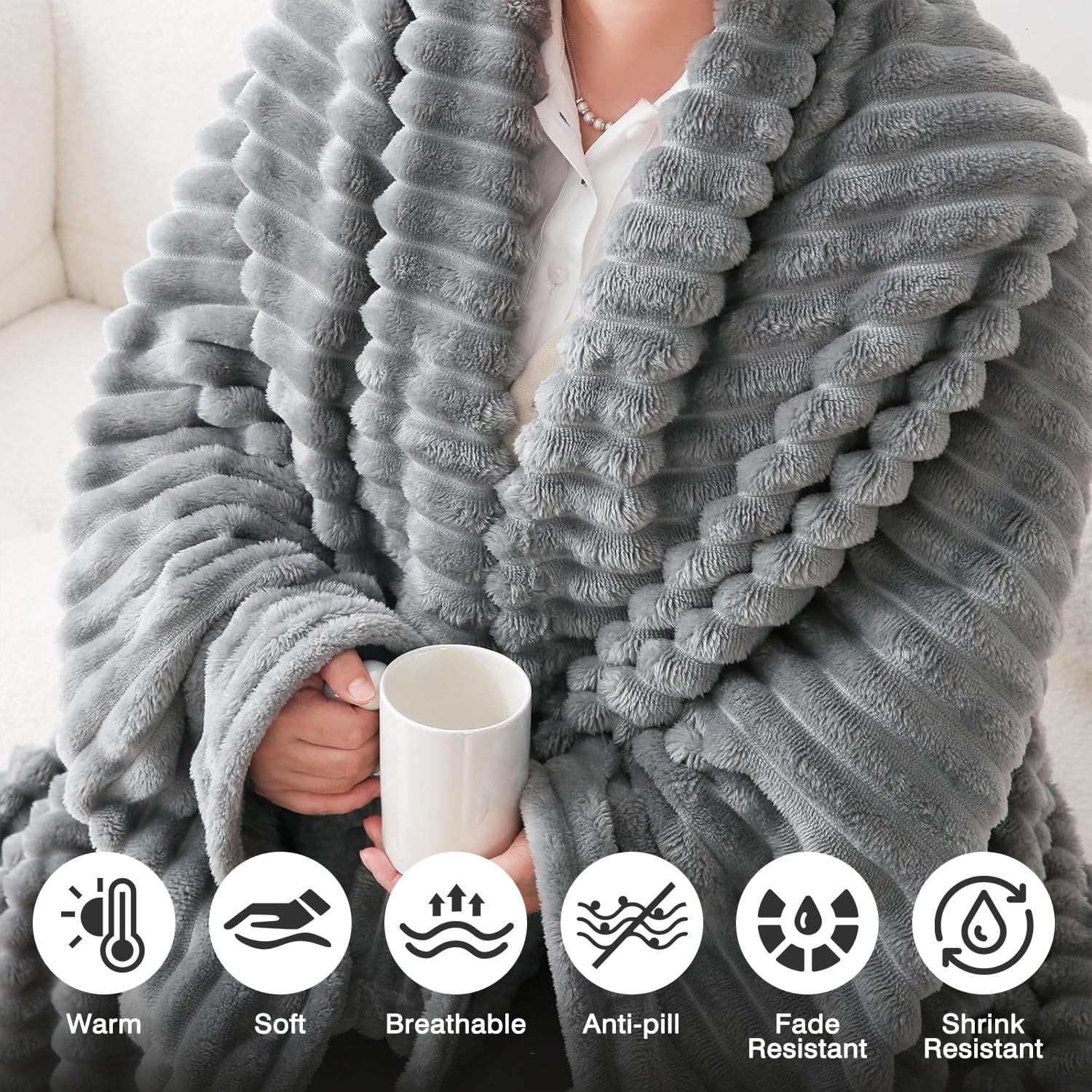 Reversible Sherpa for Couch,Sofa,Bed, Super Soft Striped Gray Bed for Office Picnic Travel Bedroom, Warm Cozy Lightweight Home Decor fo... - Luxury Knitted Decorative Throw Blanket with Fringes Detail
