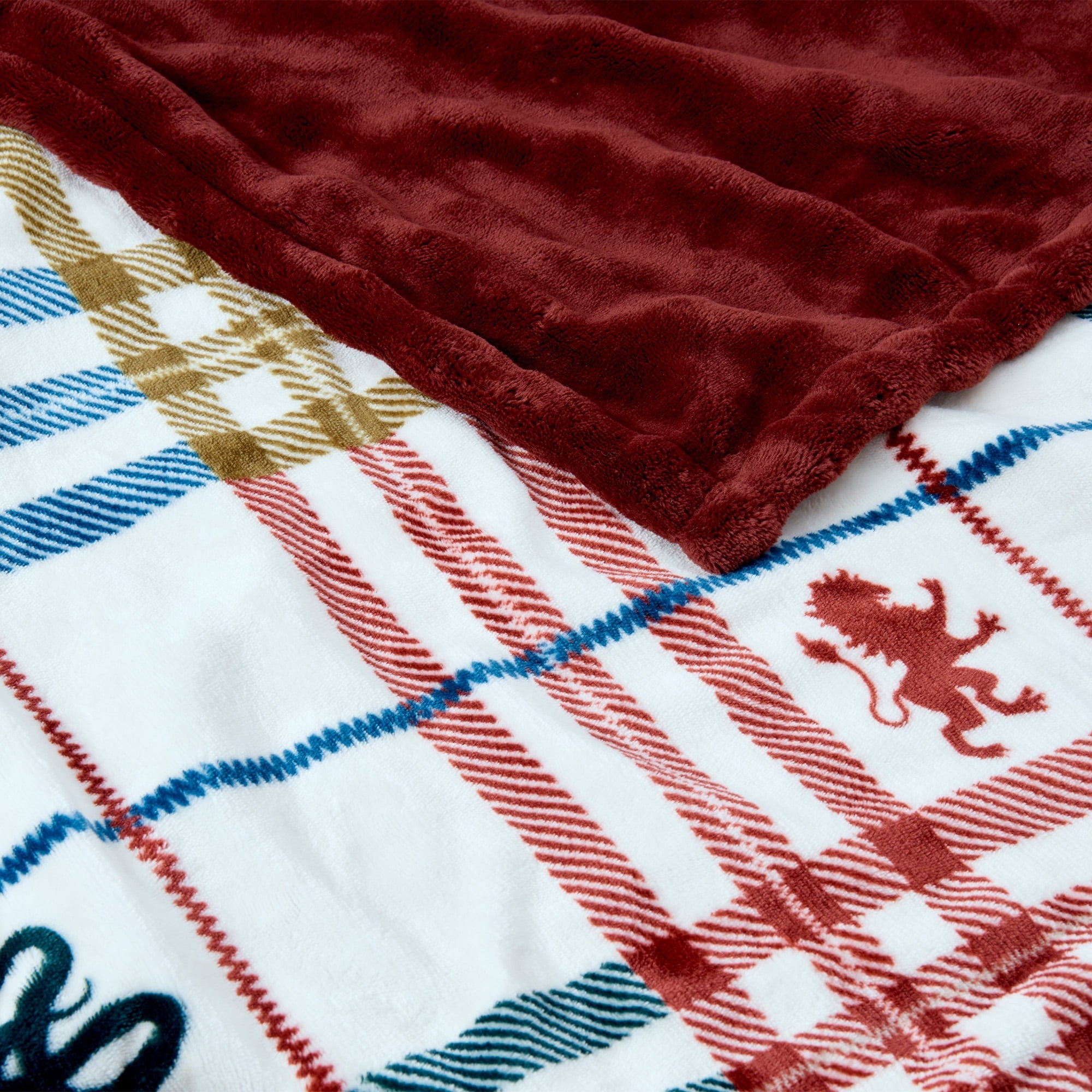 Super Soft Flannel Academic Plaid Tartan Crest with Faux Leather Patch and Milky Mink Reverse Throw, 60x70 inches - Luxury Knitted Decorative Throw Blanket with Fringes Detail