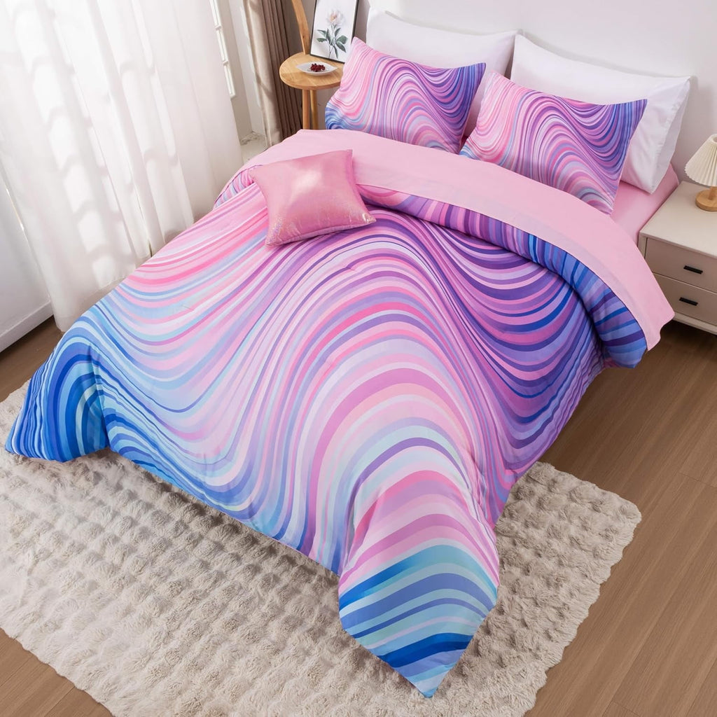 Luxurious Quilted 6 Pieces Gradient Star Ring Comforter Set, Colorful Glitter Rainbow Wave Stripes Pattern Bedding Set for Boys Girls T... - Hypoallergenic Ultra-Fluffy Quilt for Winter Detail