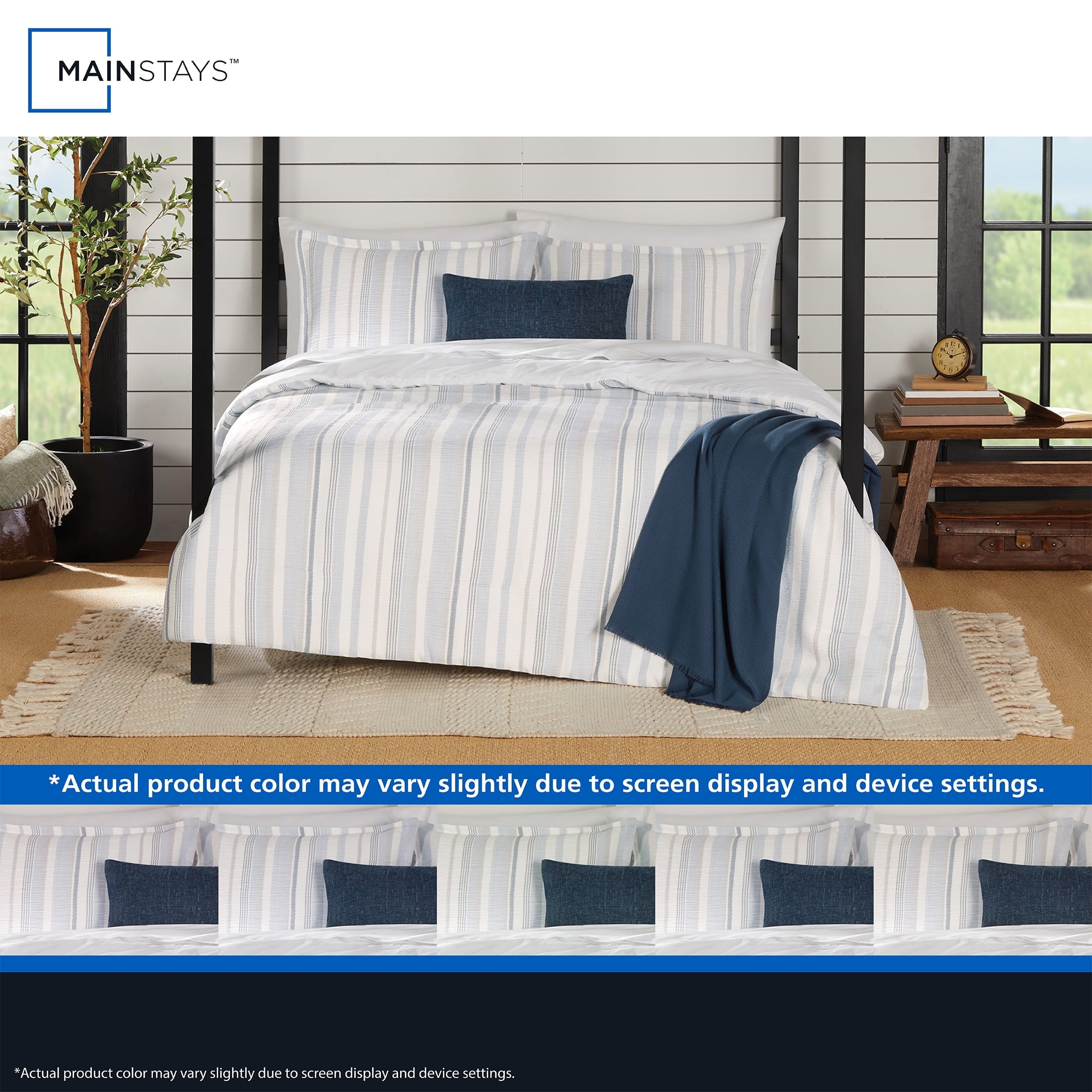 Heavyweight Warmth Full/Queen Comforter Set, All-Season, 5-Piece, Blue Yarn Dyed Stripe - Luxurious Quilted Duvet Cover Set Detail