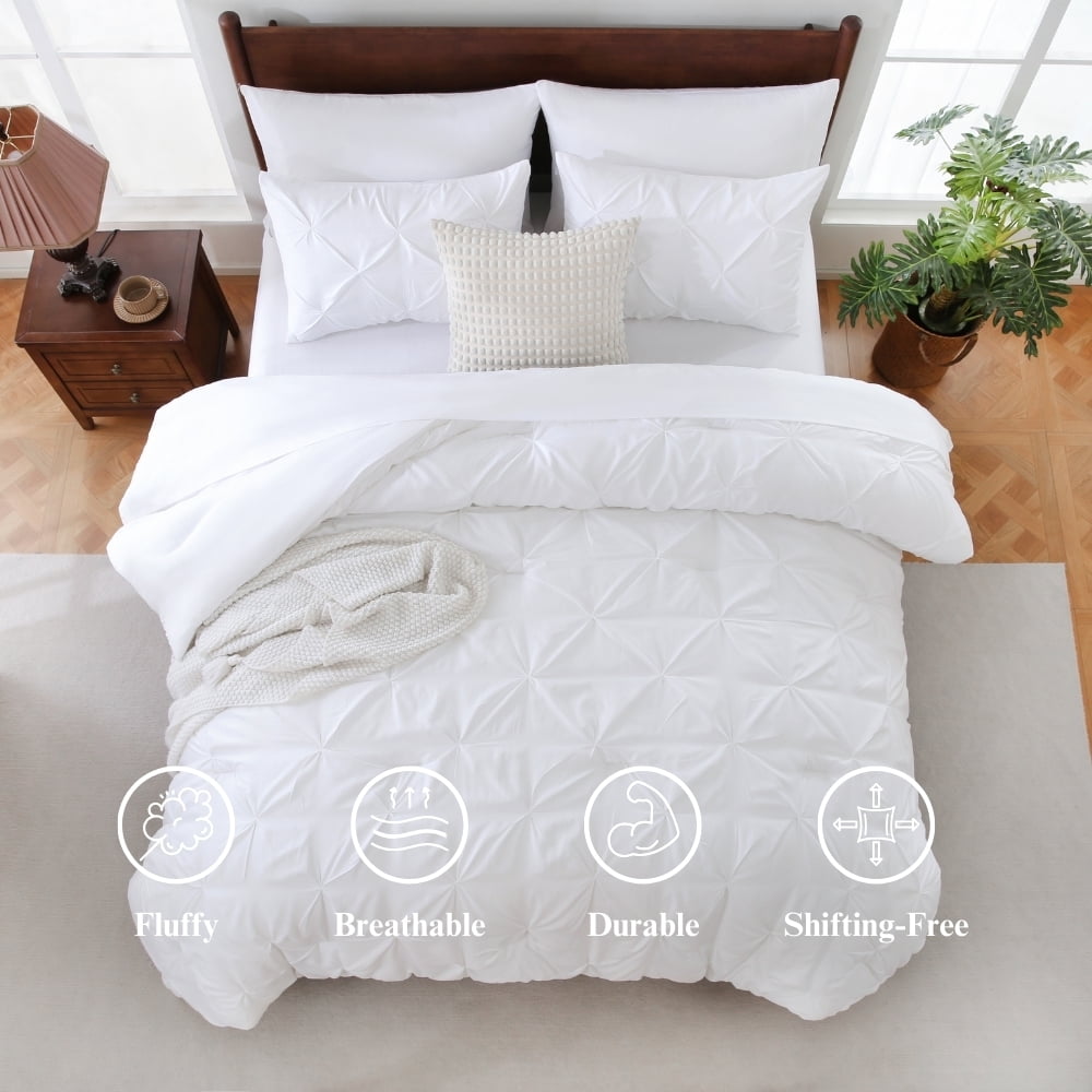 Luxurious Quilted 7 Pieces Pinch-Pleated Comforter Set, White Queen Size - All-Season Down Alternative Comforter Insert Detail