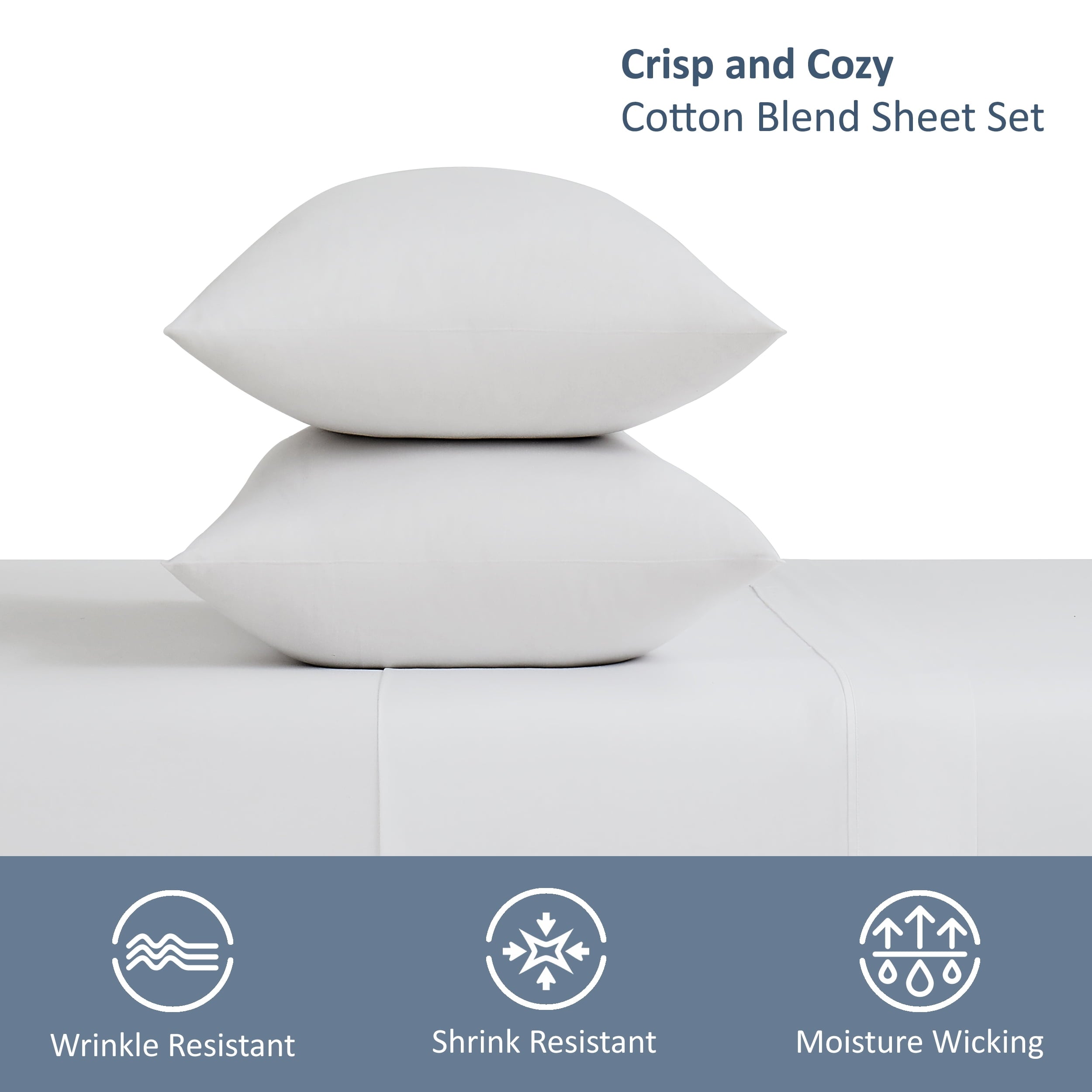Breathable Luxury 4-Piece 300 Thread Count White Cotton Blend Percale Bed Sheet Set, Queen - Breathable Egyptian Cotton Flat & Fitted Sheets Detail