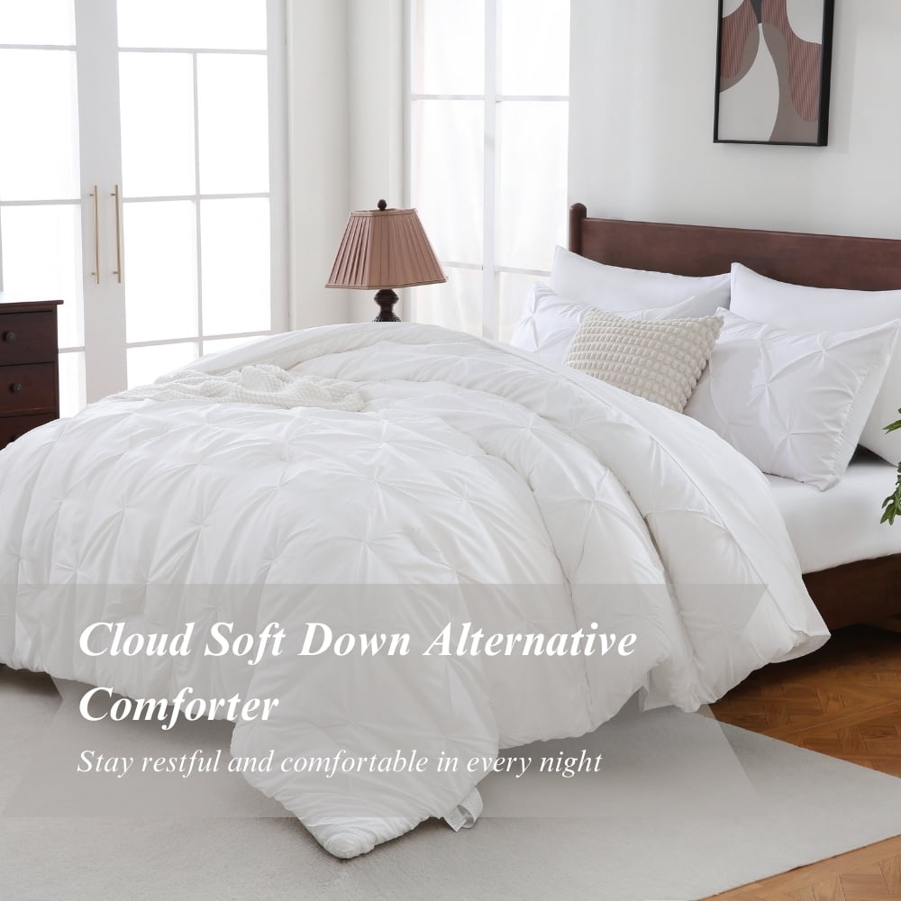 Luxurious Quilted 7 Pieces Pinch-Pleated Comforter Set, White Queen Size - All-Season Down Alternative Comforter Insert Detail