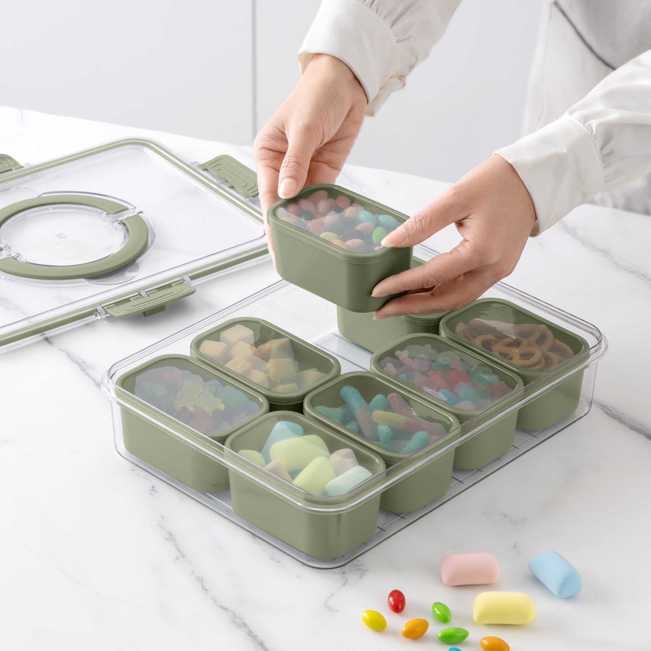 Playful Geometric 8-Compartment Snackle Box, Charcuterie and Snack Container, Divided Serving Tray with Lids and Handle, Dishwasher Saf... - Deliciously Soft Cupcake Sensory Glob Detail
