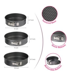 Time-Saving 8", 9", 10" Round Nonstick Carbon Steel Springform Cake Pans, Gray, Set of 3 - Kitchen Gadget Tool for Quick Food Prep Detail