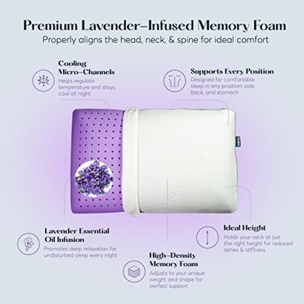 Hotel Collection Plush Zen Bed Pillow, Lavender Scented Cooling Adaptive Memory Foam Queen - Ergonomic Memory Foam Pillow for Neck Pain Support Detail