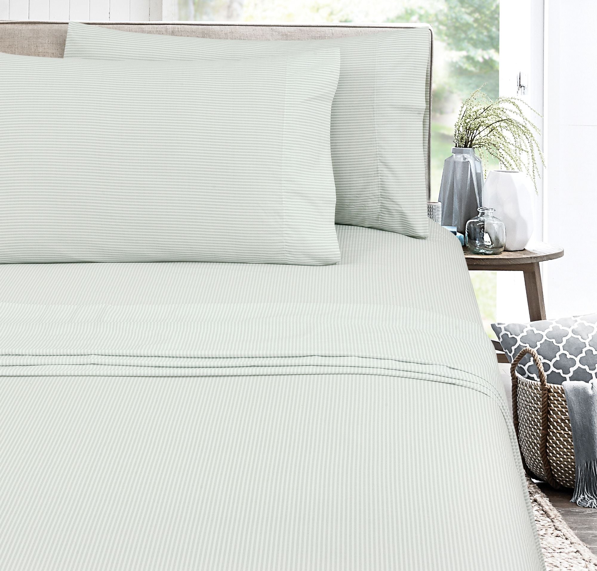 Wrinkle-Resistant Easy Care 300 Thread Count Cotton Rich Percale Sheet Set, King, Grey Stripes - Luxury Bed Sheet Set with Deep Pockets Detail