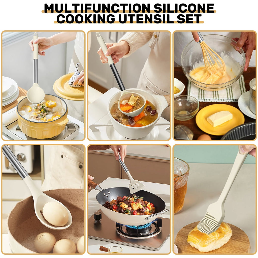 Heat-Resistant Silicone Cooking Utensil Set, 30 Pcs Kitchen Utensils Set with Stainless Steel Handle, Food Grade Silicone Spatula Se... - Ergonomic Kitchen Tongs and Cooking Spoon Utensil Detail